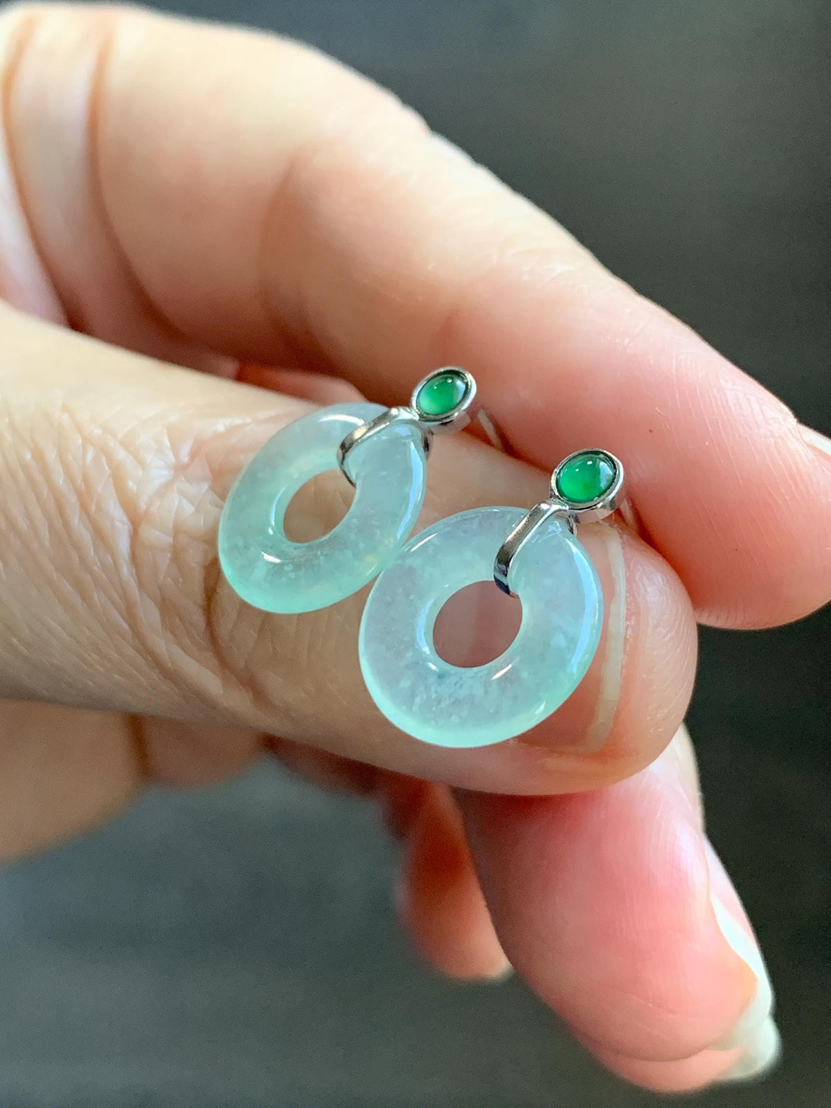 Natural Grade A Icy Highly Translucent Light Green Jade Jadeite Ping An Kou Donut Stud Earrings Sterling Silver 天然冰晴底翡翠平安扣耳钉 MQS240B