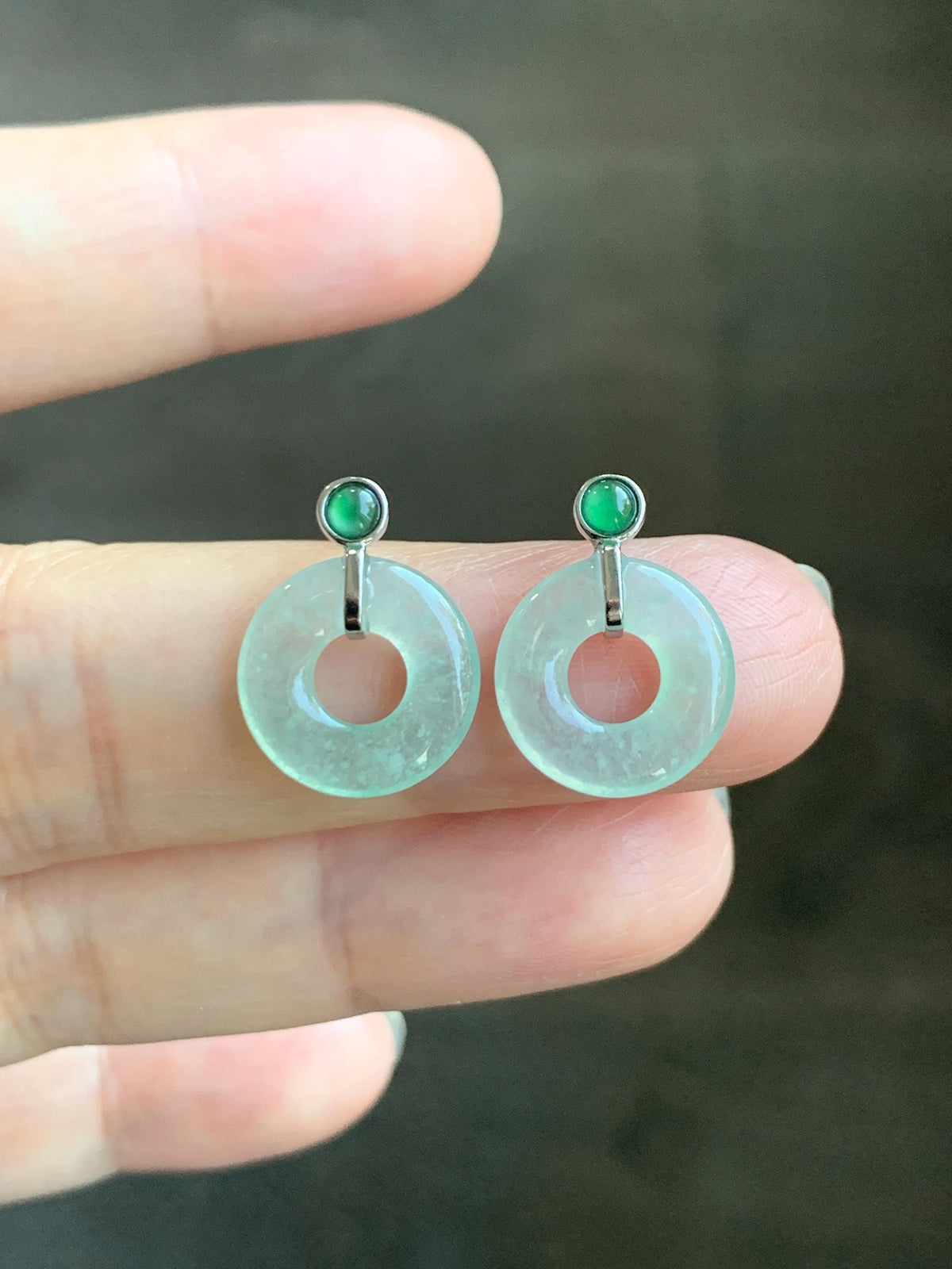Natural Grade A Icy Highly Translucent Light Green Jade Jadeite Ping An Kou Donut Stud Earrings Sterling Silver 天然冰晴底翡翠平安扣耳钉 MQS240B