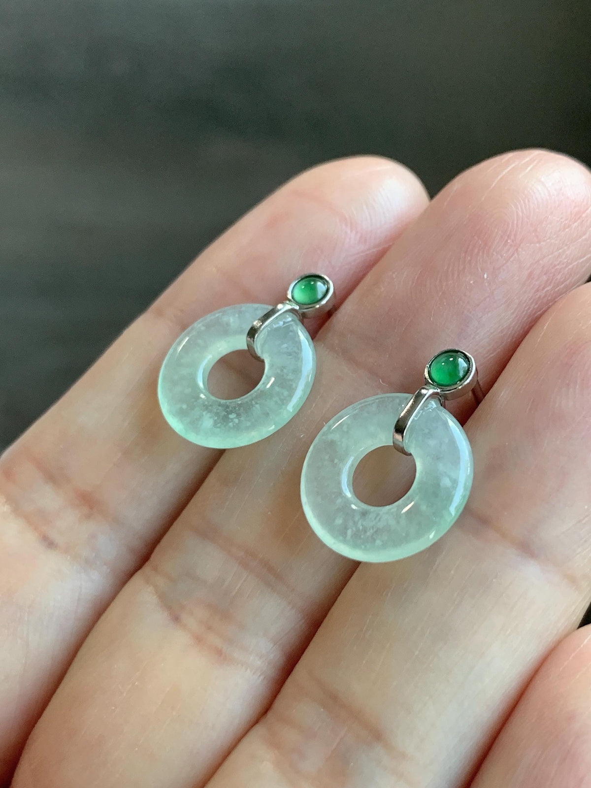 Natural Grade A Icy Highly Translucent Light Green Jade Jadeite Ping An Kou Donut Stud Earrings Sterling Silver 天然冰晴底翡翠平安扣耳钉 MQS240B