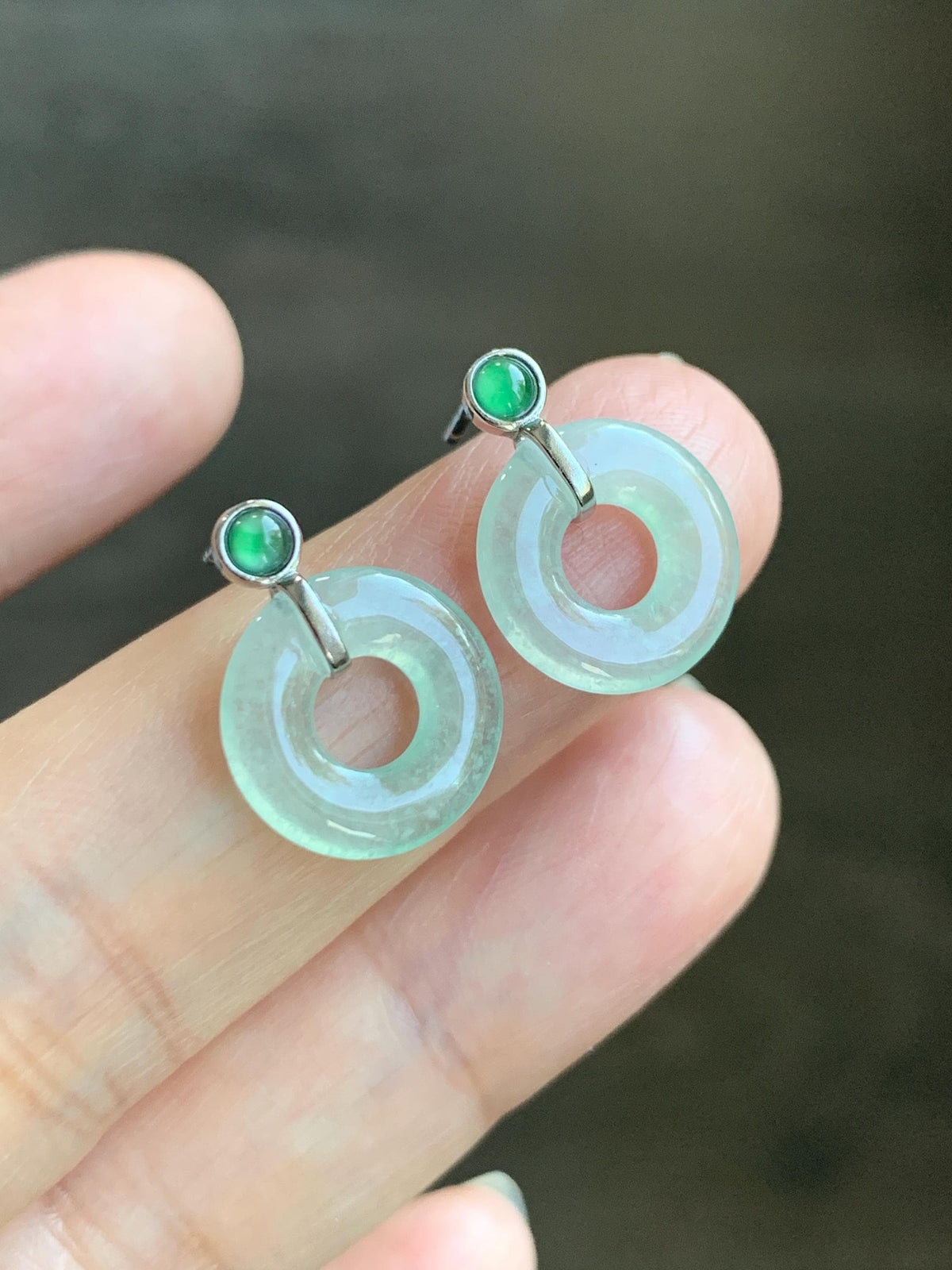 Natural Grade A Icy Highly Translucent Light Green Jade Jadeite Ping An Kou Donut Stud Earrings Sterling Silver 天然冰晴底翡翠平安扣耳钉 MQS240B