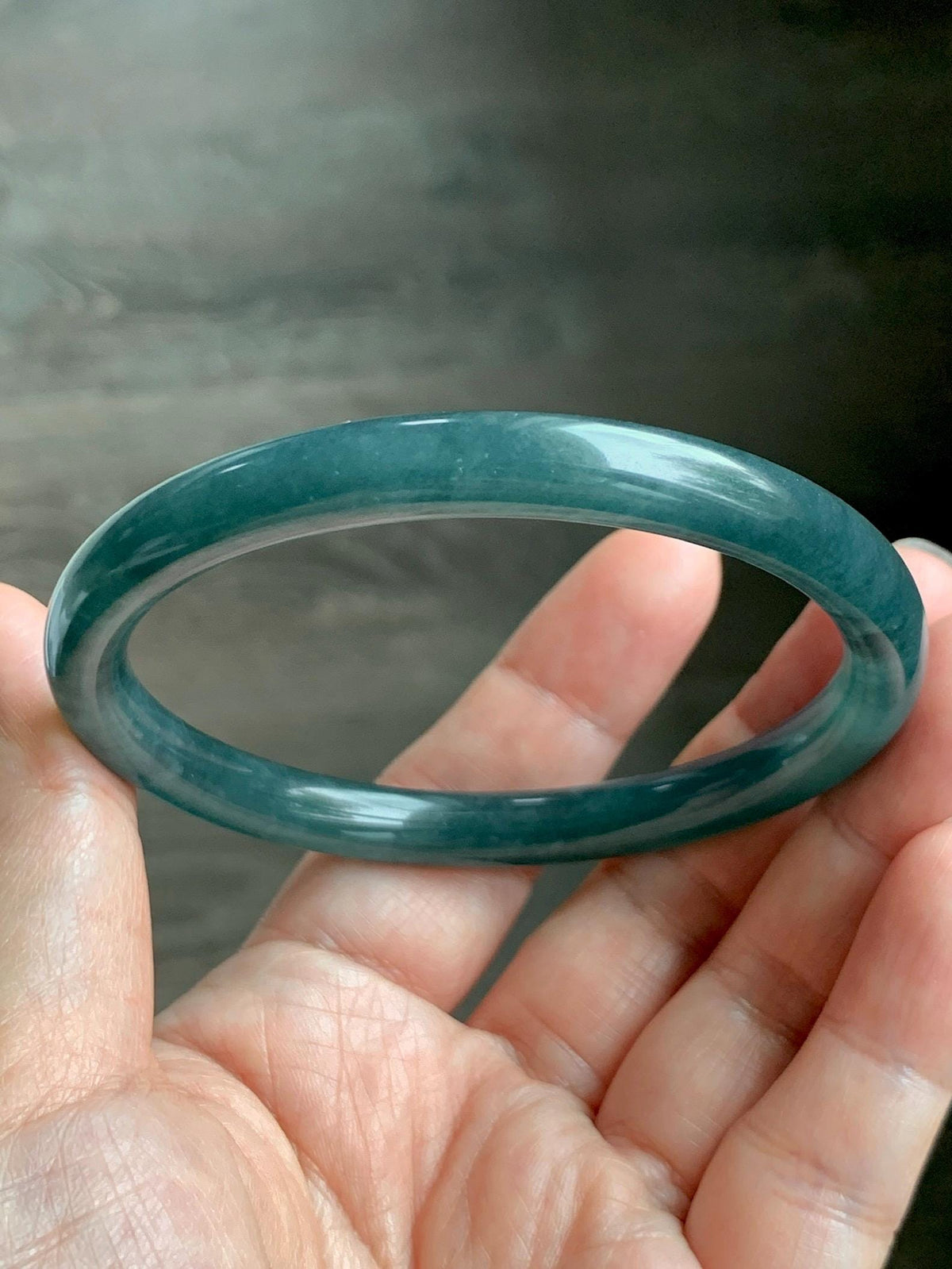 Certified Natural Grade A Guatemalan Icy Translucent Dark Teal Blue Jade Jadeite Bangle Bracelet 61mm 7.54” 30.88g 天然冰危深蓝绿翡翠圆条手镯 1208
