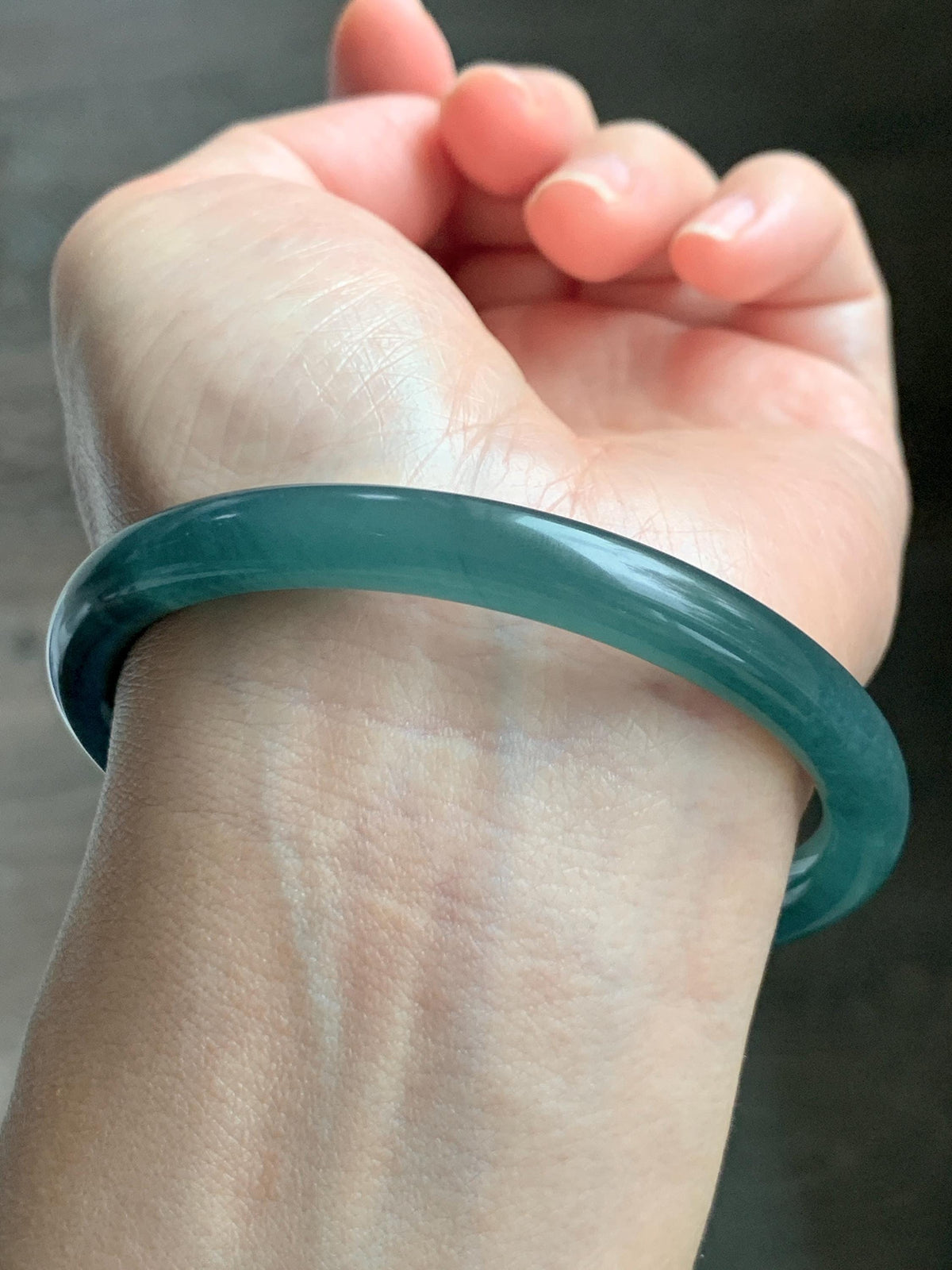 Certified Natural Grade A Guatemalan Icy Translucent Dark Teal Blue Jade Jadeite Bangle Bracelet 61mm 7.54” 30.88g 天然冰危深蓝绿翡翠圆条手镯 1208