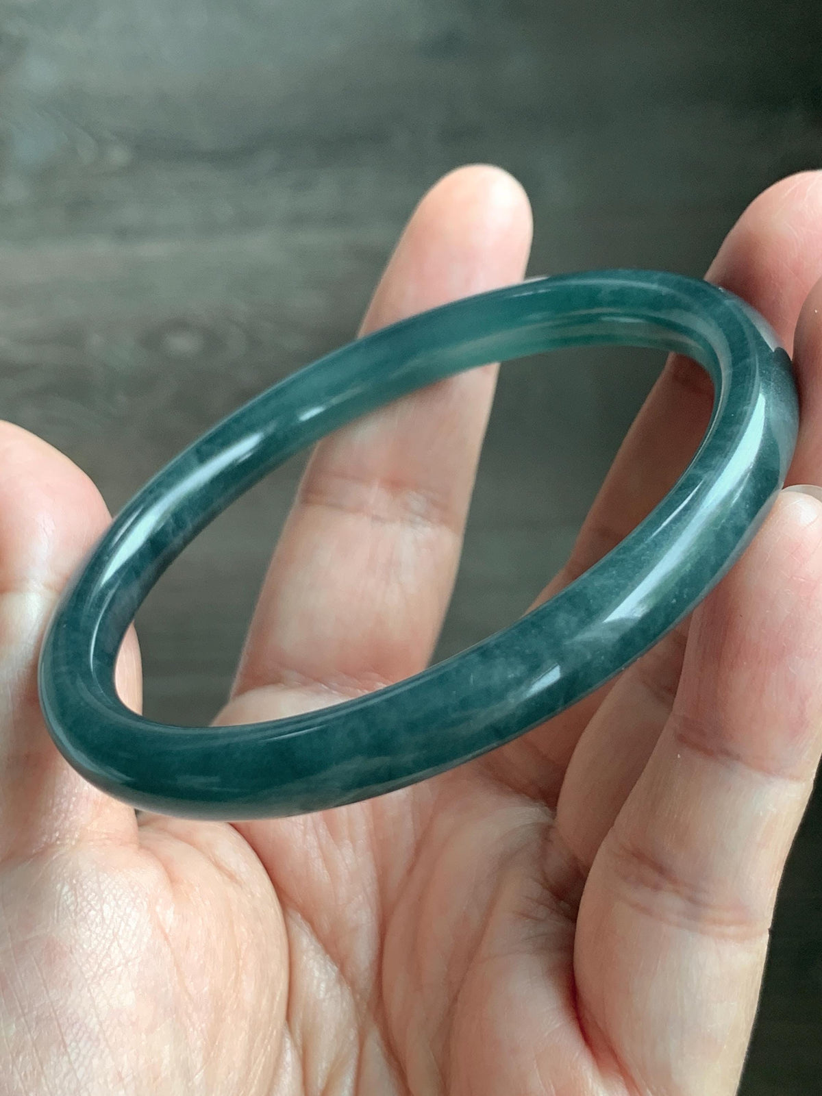 Certified Natural Grade A Guatemalan Icy Translucent Dark Teal Blue Jade Jadeite Bangle Bracelet 61mm 7.54” 30.88g 天然冰危深蓝绿翡翠圆条手镯 1208