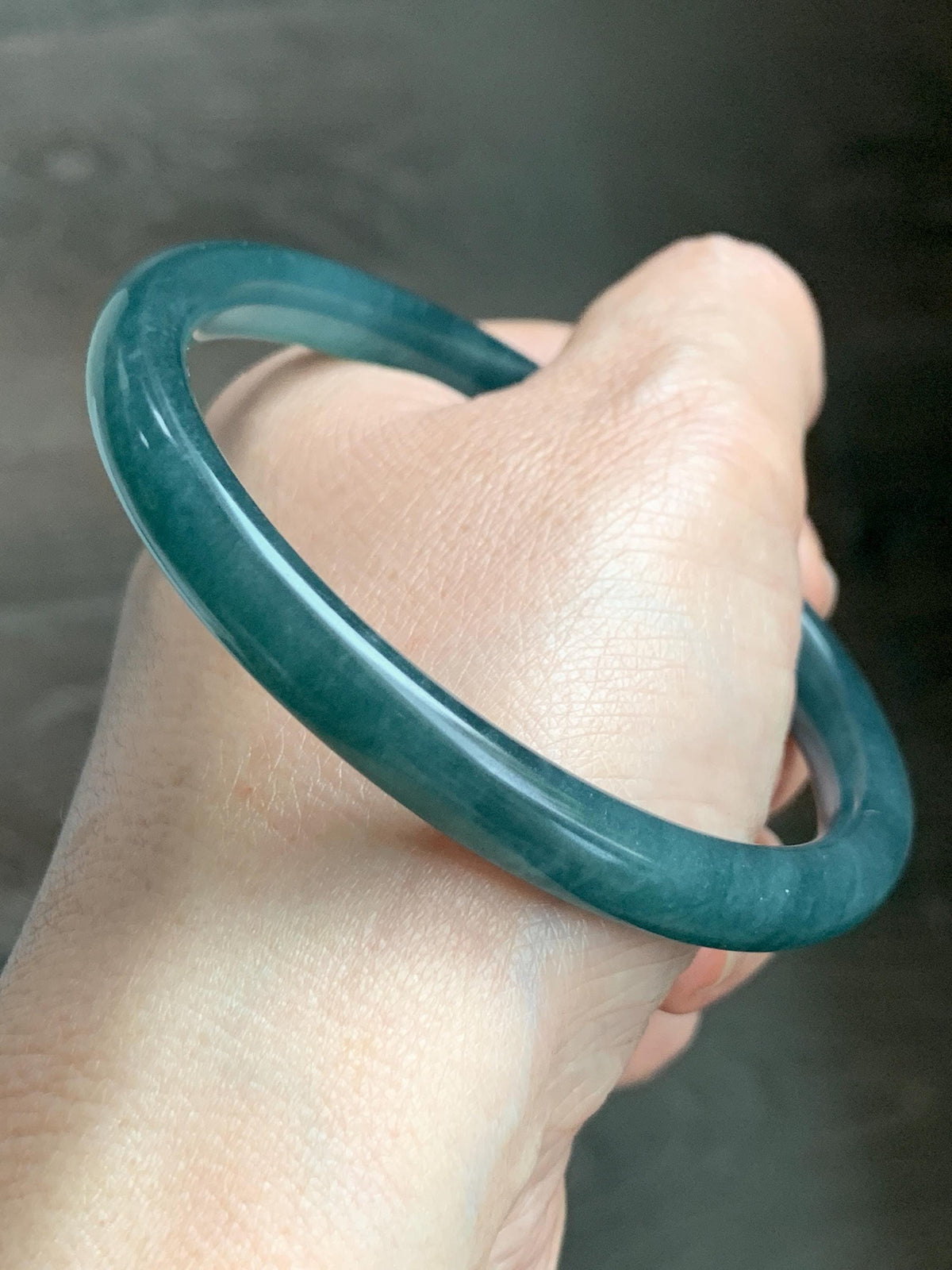 Certified Natural Grade A Guatemalan Icy Translucent Dark Teal Blue Jade Jadeite Bangle Bracelet 61mm 7.54” 30.88g 天然冰危深蓝绿翡翠圆条手镯 1208