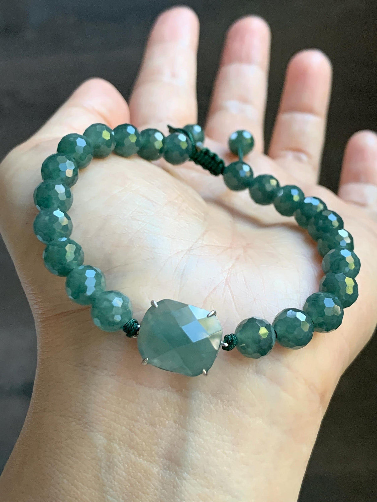 Natural Guatemalan Grade A Icy Translucent Dusty Teal Blue Jade Jadeite Faceted Cabochon Beaded Bracelet 7.5" 19g 天然冰危蓝绿翡翠切割面蛋面圆珠手串 WQG220