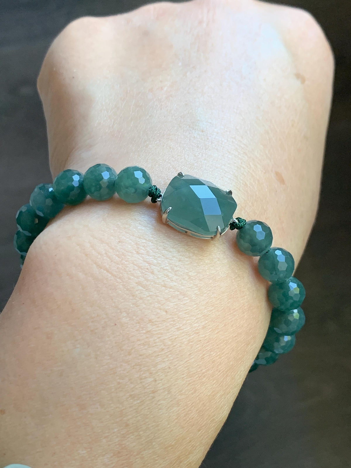 Natural Guatemalan Grade A Icy Translucent Dusty Teal Blue Jade Jadeite Faceted Cabochon Beaded Bracelet 7.5" 19g 天然冰危蓝绿翡翠切割面蛋面圆珠手串 WQG220