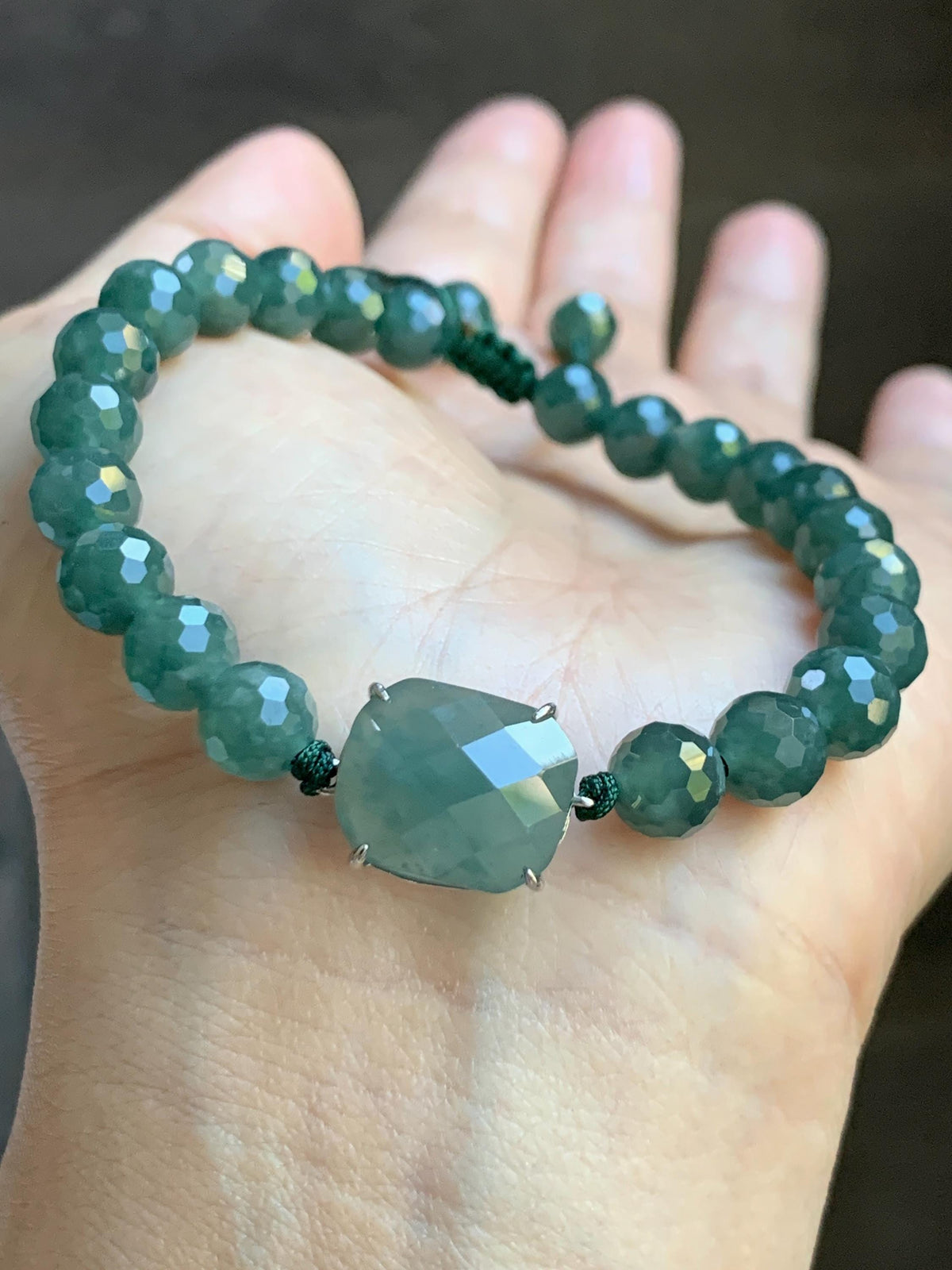 Natural Guatemalan Grade A Icy Translucent Dusty Teal Blue Jade Jadeite Faceted Cabochon Beaded Bracelet 7.5" 19g 天然冰危蓝绿翡翠切割面蛋面圆珠手串 WQG220