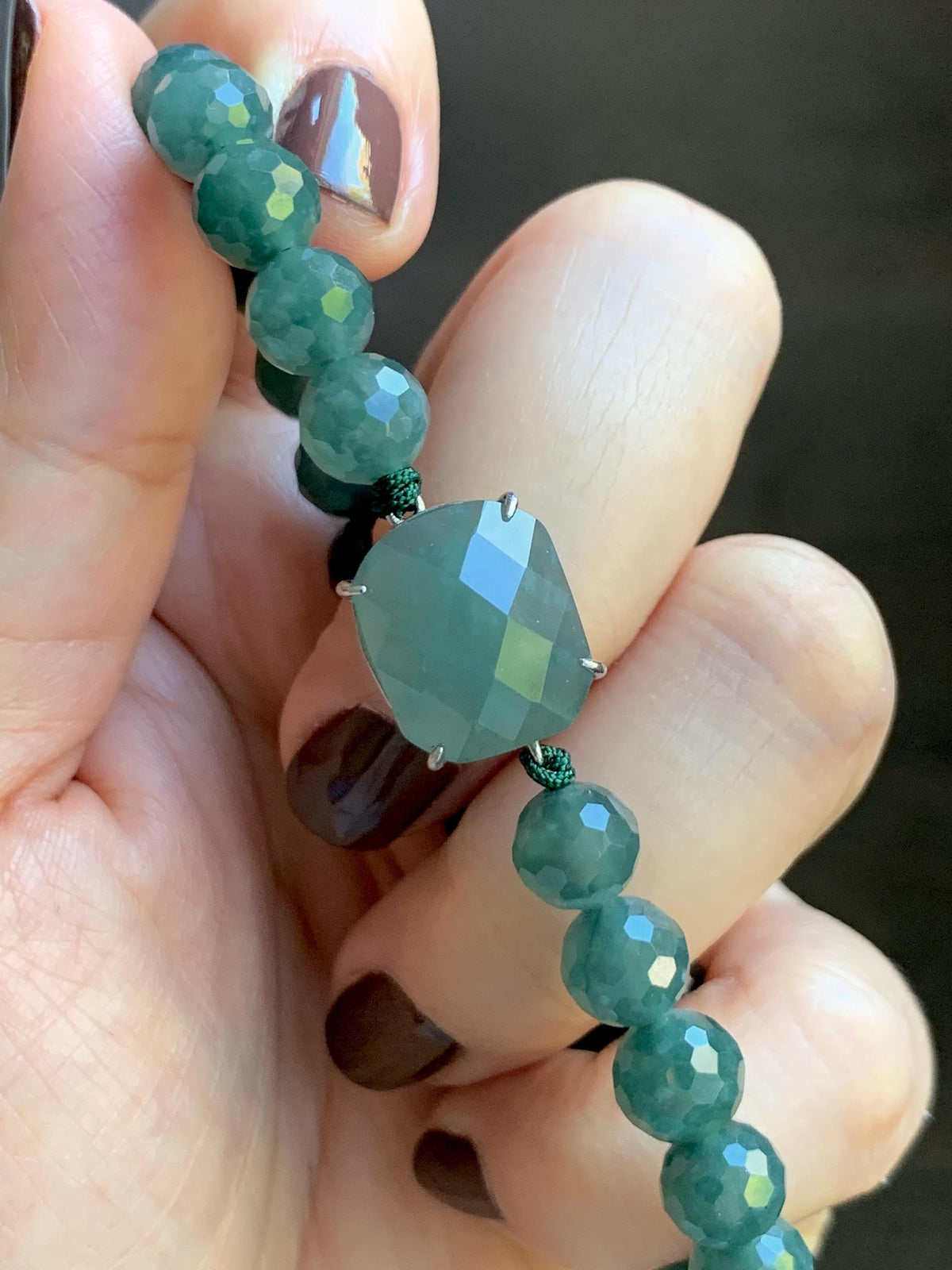 Natural Guatemalan Grade A Icy Translucent Dusty Teal Blue Jade Jadeite Faceted Cabochon Beaded Bracelet 7.5" 19g 天然冰危蓝绿翡翠切割面蛋面圆珠手串 WQG220