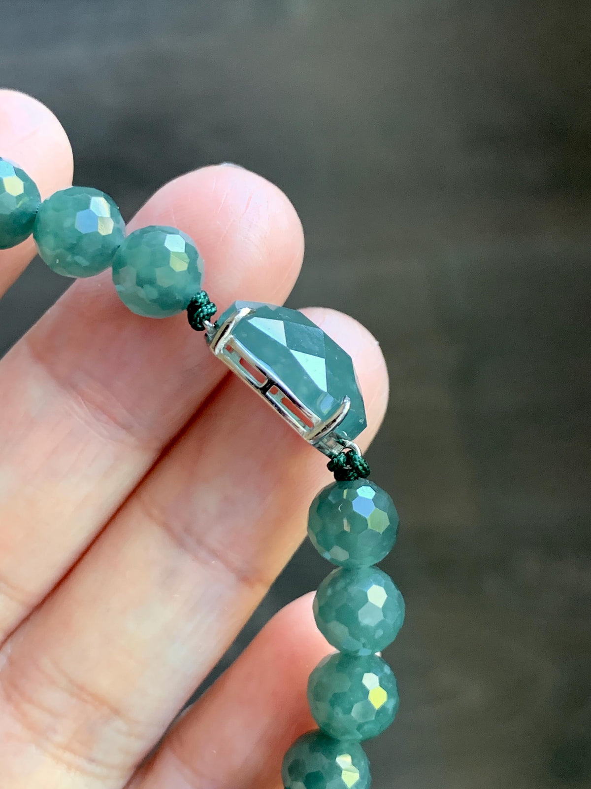 Natural Guatemalan Grade A Icy Translucent Dusty Teal Blue Jade Jadeite Faceted Cabochon Beaded Bracelet 7.5" 19g 天然冰危蓝绿翡翠切割面蛋面圆珠手串 WQG220