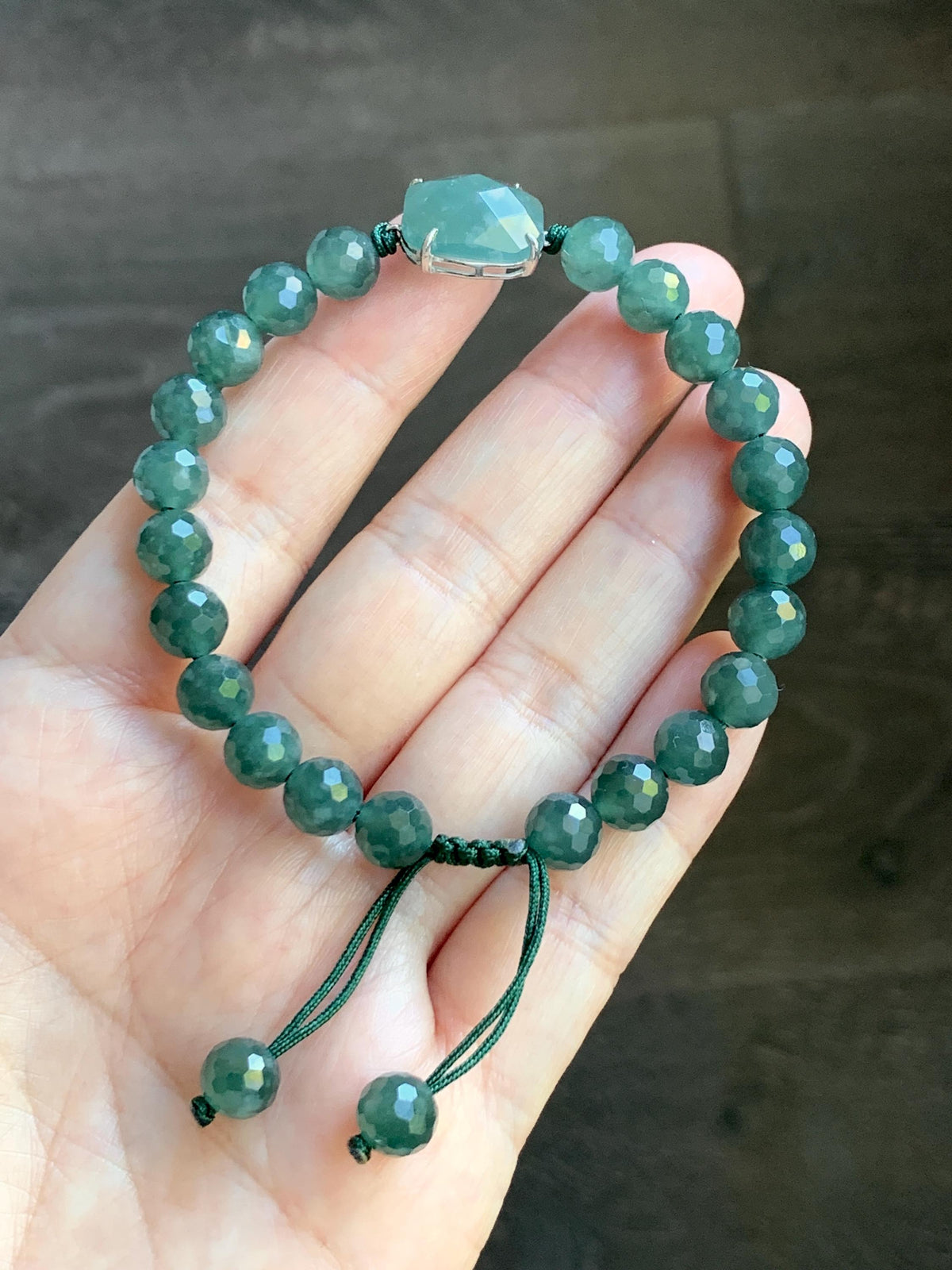 Natural Guatemalan Grade A Icy Translucent Dusty Teal Blue Jade Jadeite Faceted Cabochon Beaded Bracelet 7.5" 19g 天然冰危蓝绿翡翠切割面蛋面圆珠手串 WQG220