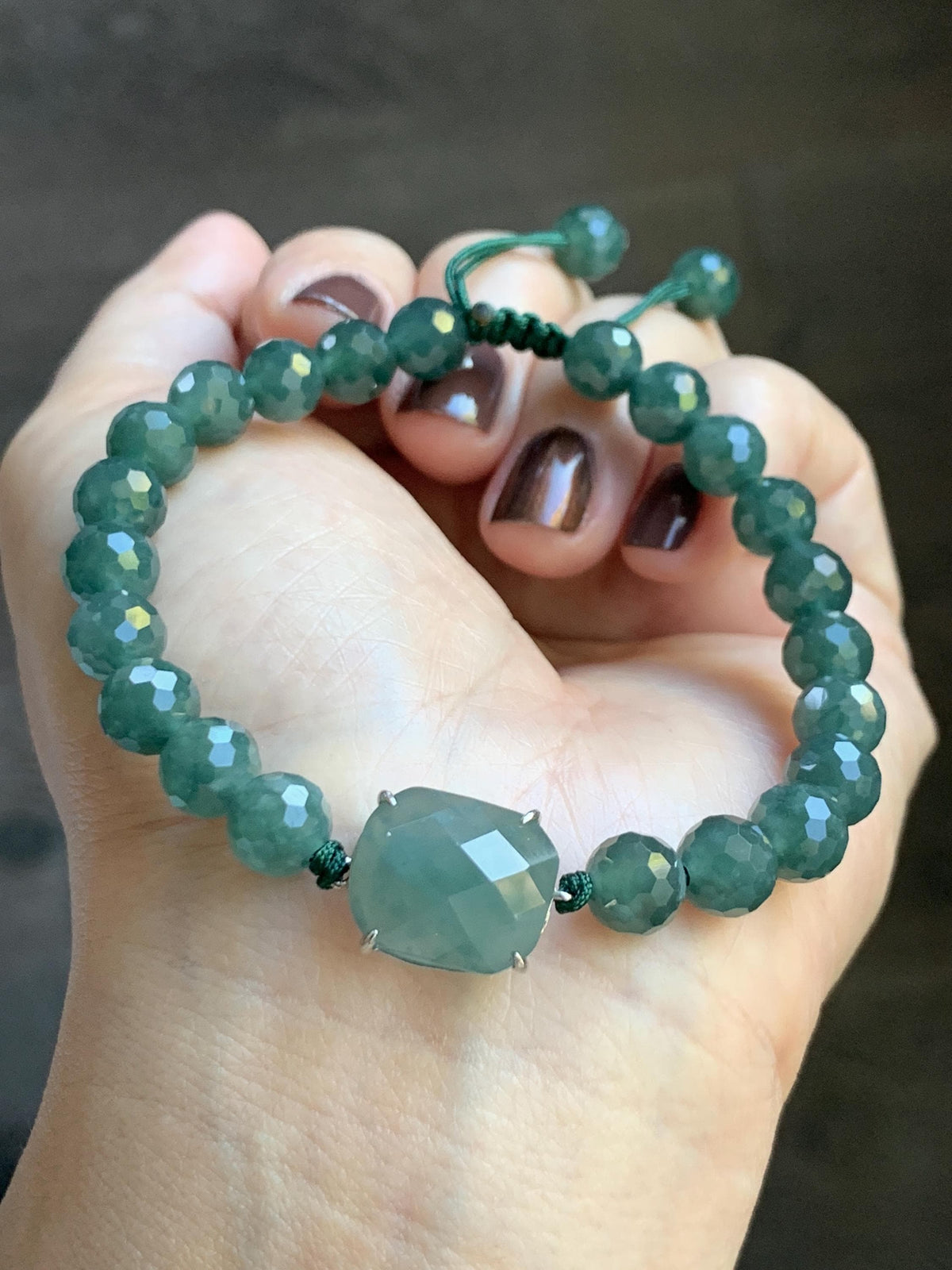 Natural Guatemalan Grade A Icy Translucent Dusty Teal Blue Jade Jadeite Faceted Cabochon Beaded Bracelet 7.5" 19g 天然冰危蓝绿翡翠切割面蛋面圆珠手串 WQG220