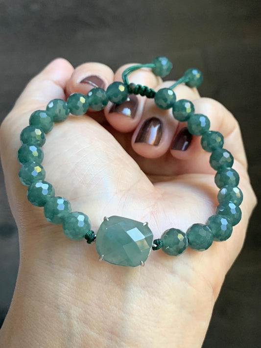 Natural Guatemalan Grade A Icy Translucent Dusty Teal Blue Jade Jadeite Faceted Cabochon Beaded Bracelet 7.5" 19g 天然冰危蓝绿翡翠切割面蛋面圆珠手串 WQG220