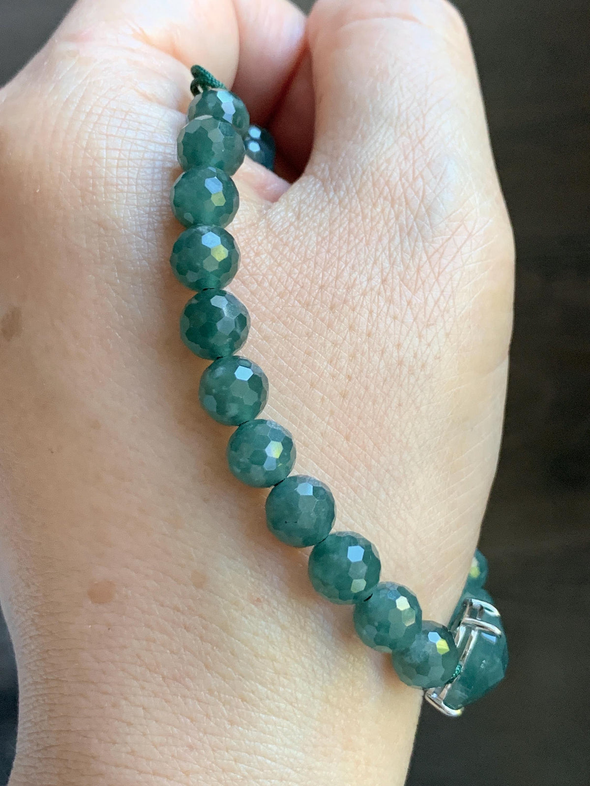 Natural Guatemalan Grade A Icy Translucent Dusty Teal Blue Jade Jadeite Faceted Cabochon Beaded Bracelet 7.5" 19g 天然冰危蓝绿翡翠切割面蛋面圆珠手串 WQG220