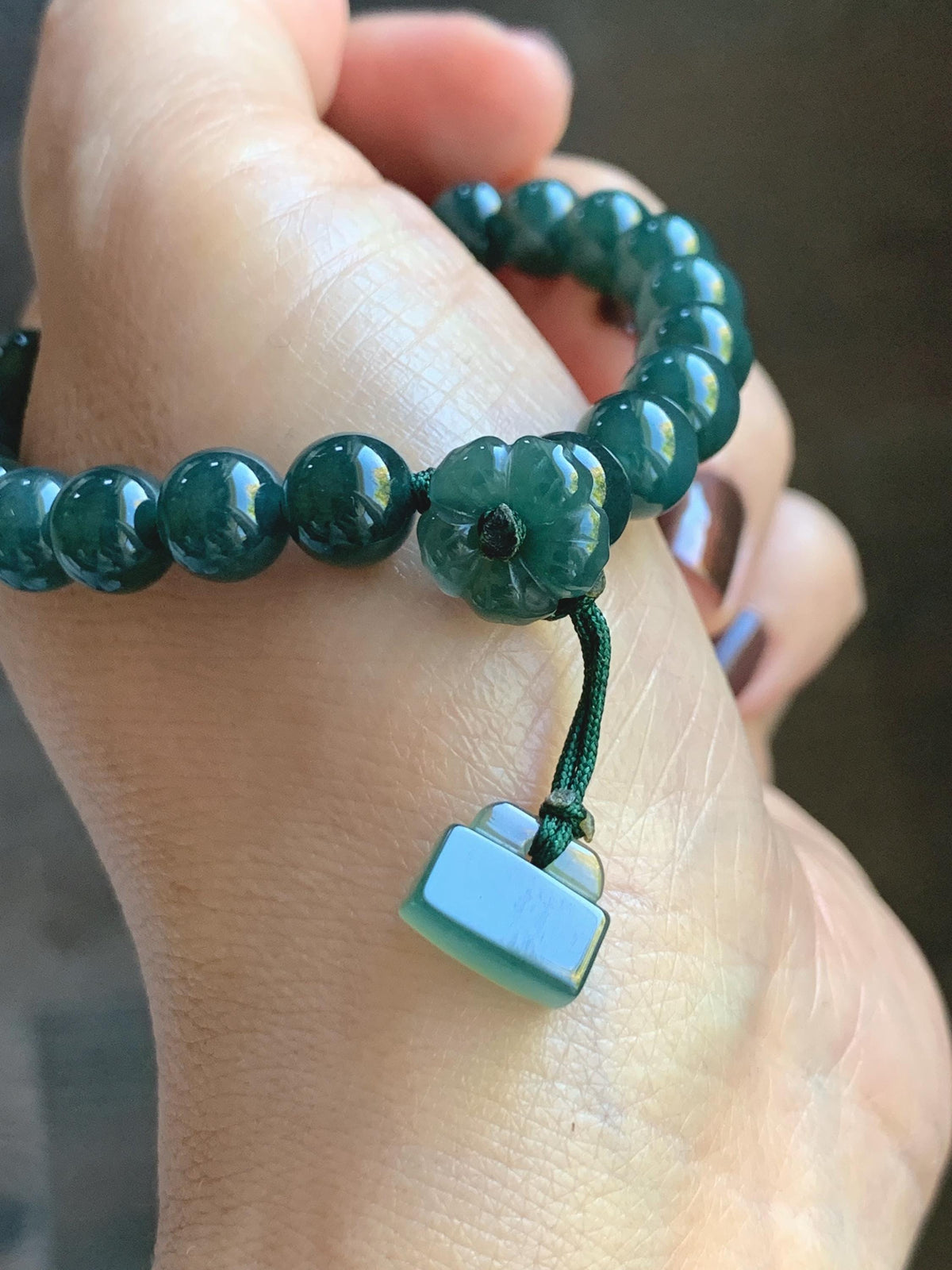 Natural Grade A Guatemalan Icy Translucent Dark Teal Blue Jade Jadeite Lotus Flower Beaded Bracelet 6.5” 27g 天然冰危深蓝绿翡翠莲花圆珠手串 WLH245