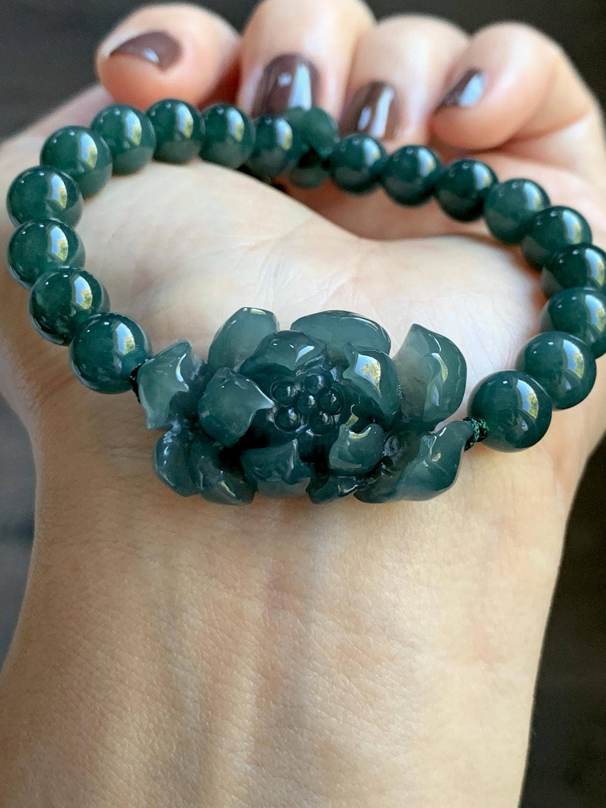 Natural Grade A Guatemalan Icy Translucent Dark Teal Blue Jade Jadeite Lotus Flower Beaded Bracelet 6.5” 27g 天然冰危深蓝绿翡翠莲花圆珠手串 WLH245