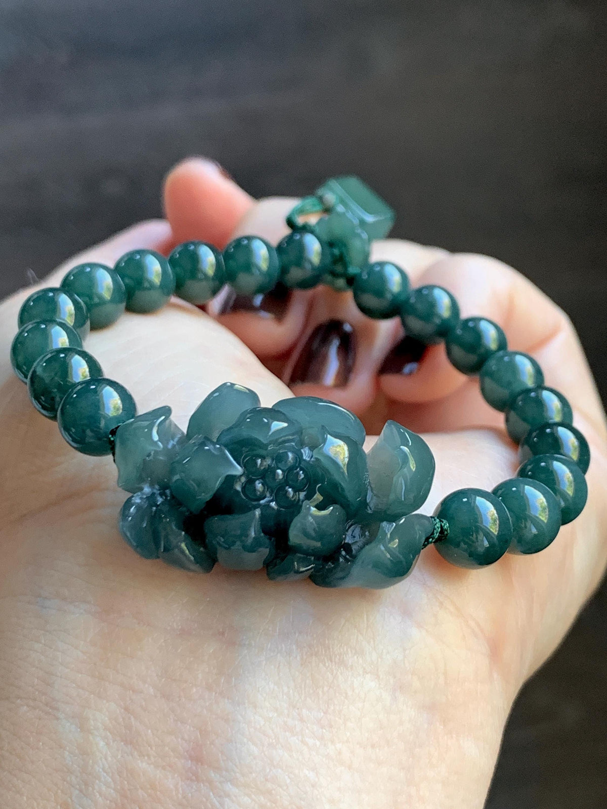 Natural Grade A Guatemalan Icy Translucent Dark Teal Blue Jade Jadeite Lotus Flower Beaded Bracelet 6.5” 27g 天然冰危深蓝绿翡翠莲花圆珠手串 WLH245