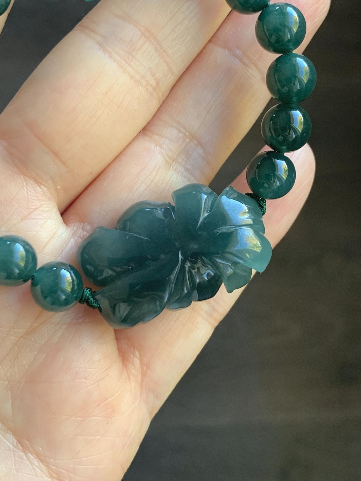 Natural Grade A Guatemalan Icy Translucent Dark Teal Blue Jade Jadeite Lotus Flower Beaded Bracelet 6.5” 27g 天然冰危深蓝绿翡翠莲花圆珠手串 WLH245