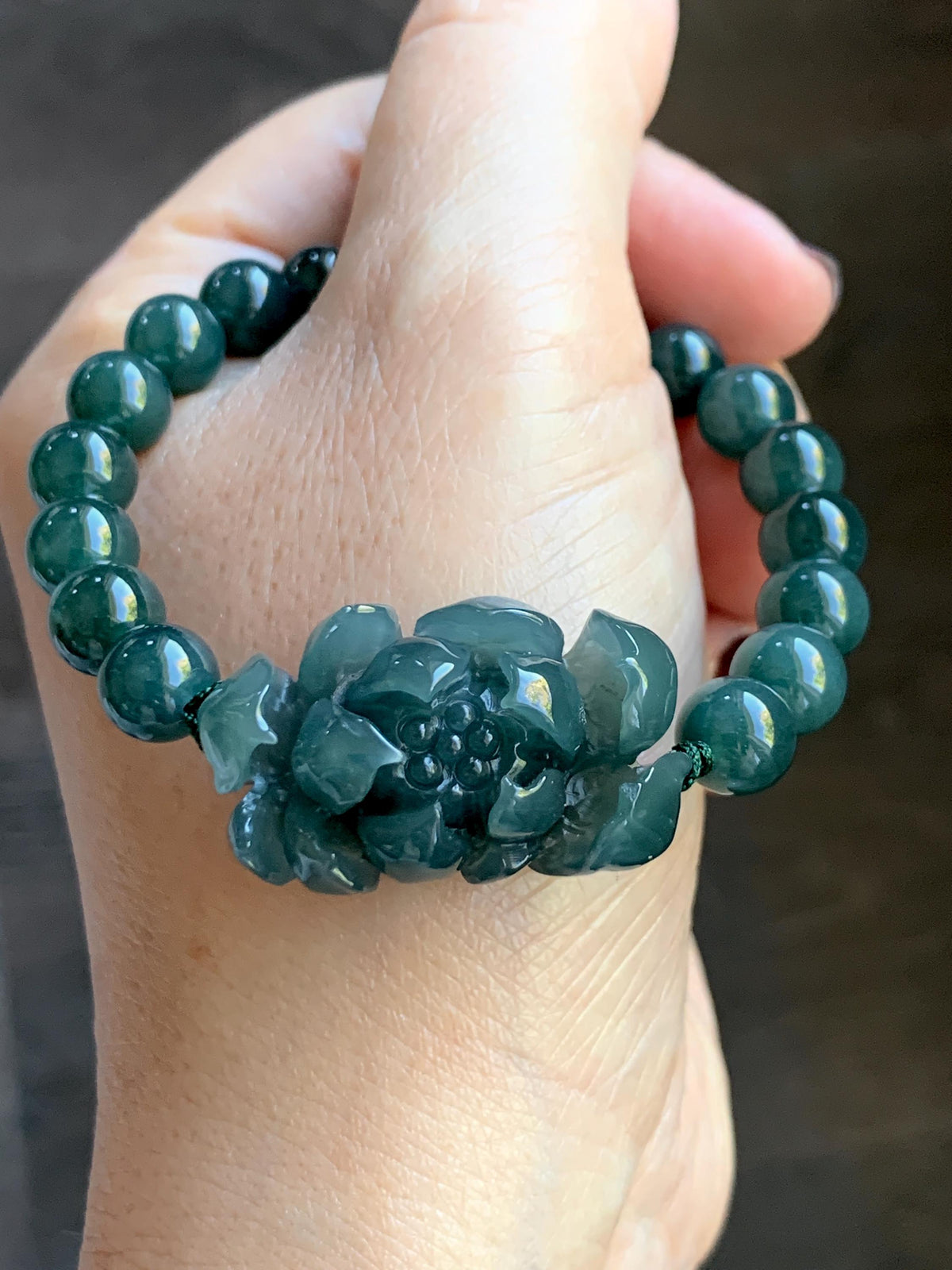 Natural Grade A Guatemalan Icy Translucent Dark Teal Blue Jade Jadeite Lotus Flower Beaded Bracelet 6.5” 27g 天然冰危深蓝绿翡翠莲花圆珠手串 WLH245