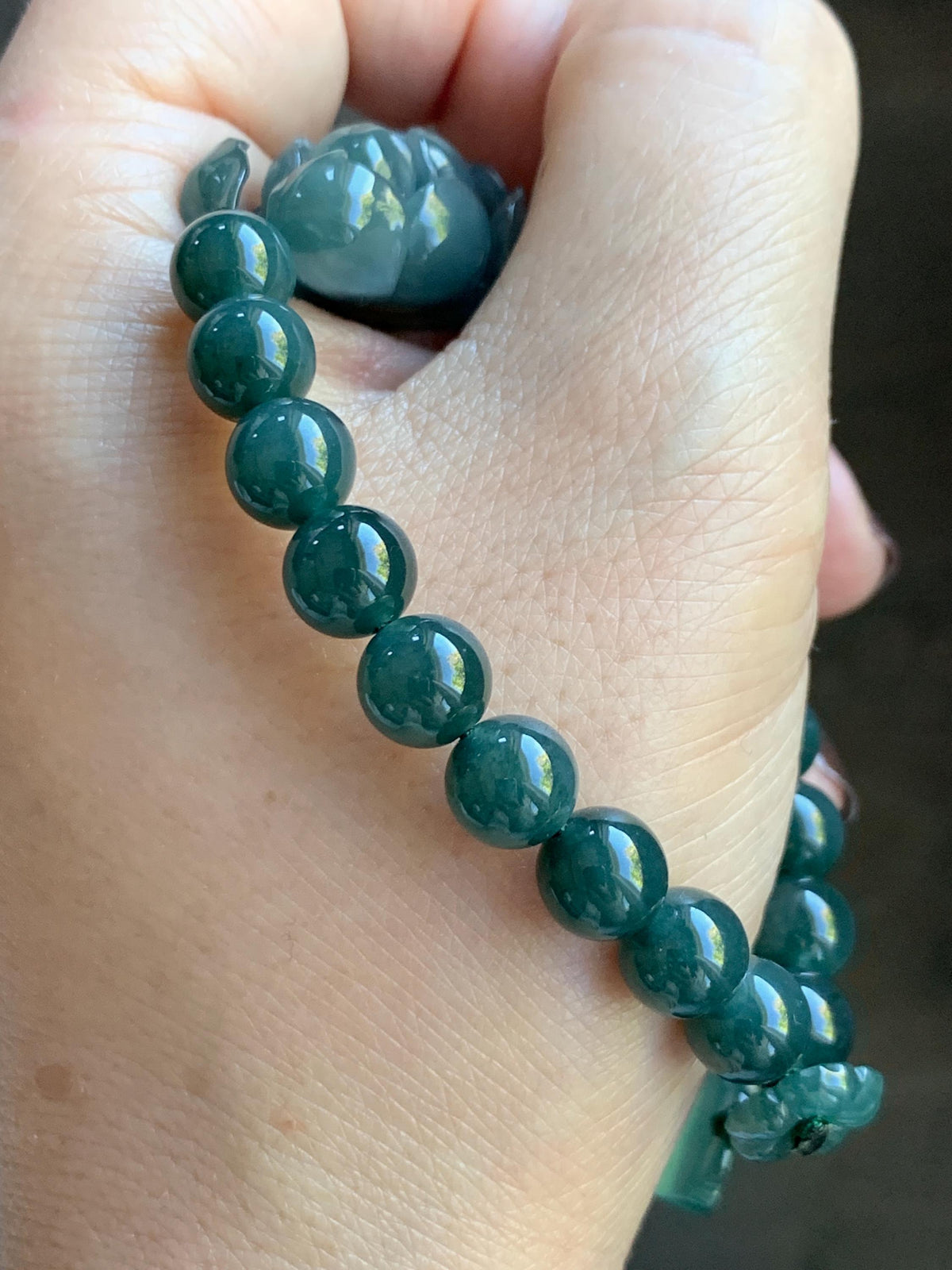 Natural Grade A Guatemalan Icy Translucent Dark Teal Blue Jade Jadeite Lotus Flower Beaded Bracelet 6.5” 27g 天然冰危深蓝绿翡翠莲花圆珠手串 WLH245