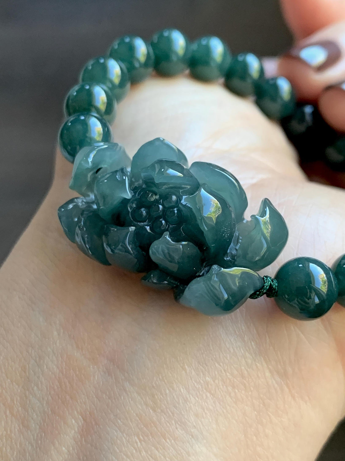 Natural Grade A Guatemalan Icy Translucent Dark Teal Blue Jade Jadeite Lotus Flower Beaded Bracelet 6.5” 27g 天然冰危深蓝绿翡翠莲花圆珠手串 WLH245