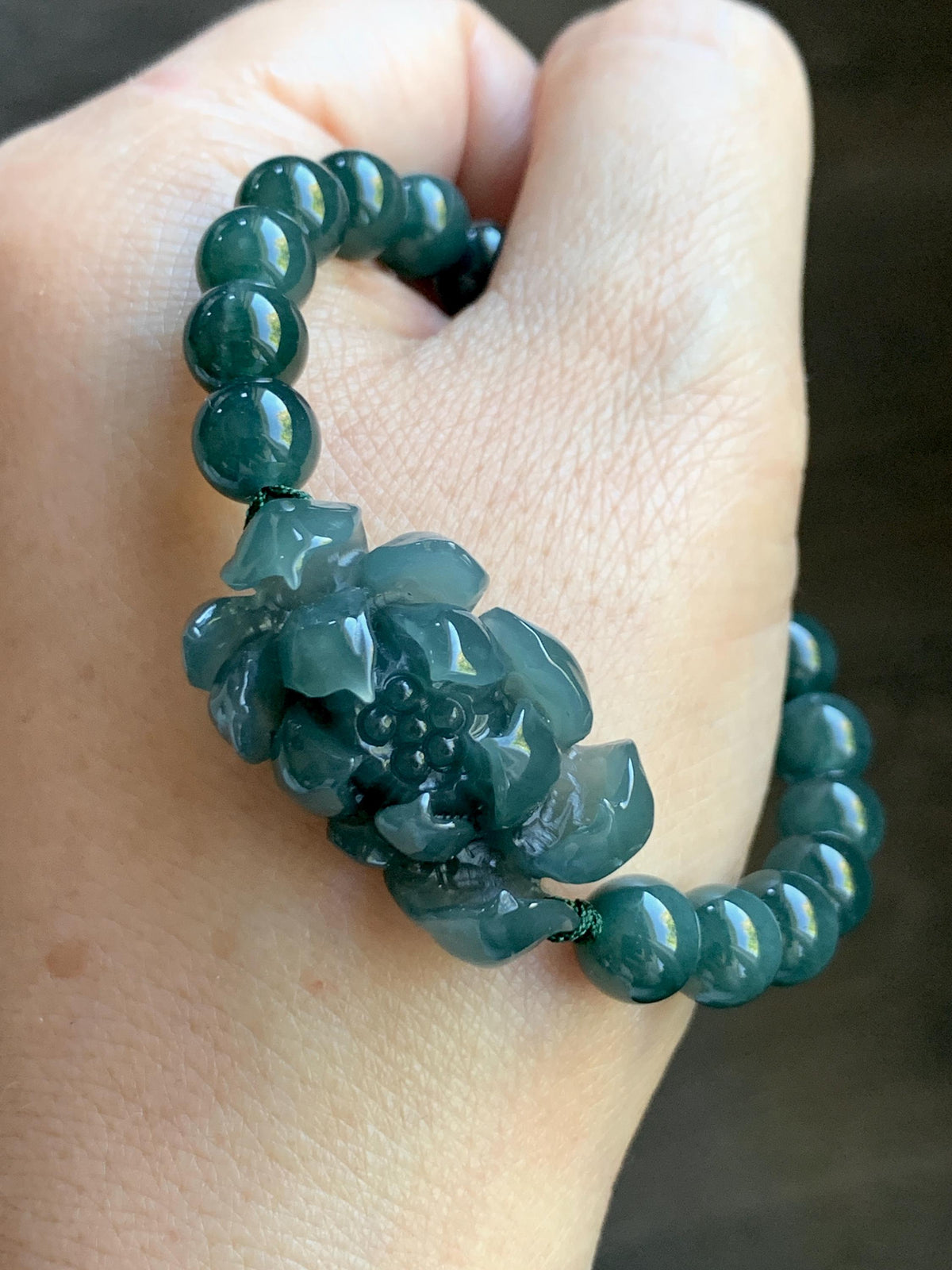 Natural Grade A Guatemalan Icy Translucent Dark Teal Blue Jade Jadeite Lotus Flower Beaded Bracelet 6.5” 27g 天然冰危深蓝绿翡翠莲花圆珠手串 WLH245
