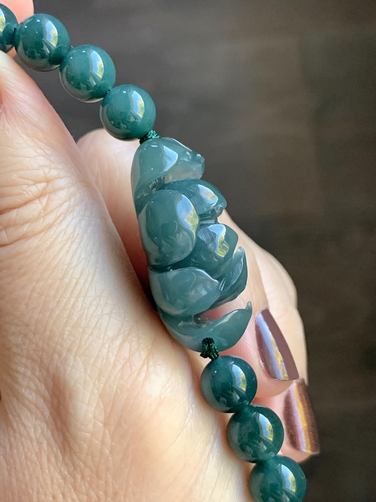 Natural Grade A Guatemalan Icy Translucent Dark Teal Blue Jade Jadeite Lotus Flower Beaded Bracelet 6.5” 27g 天然冰危深蓝绿翡翠莲花圆珠手串 WLH245
