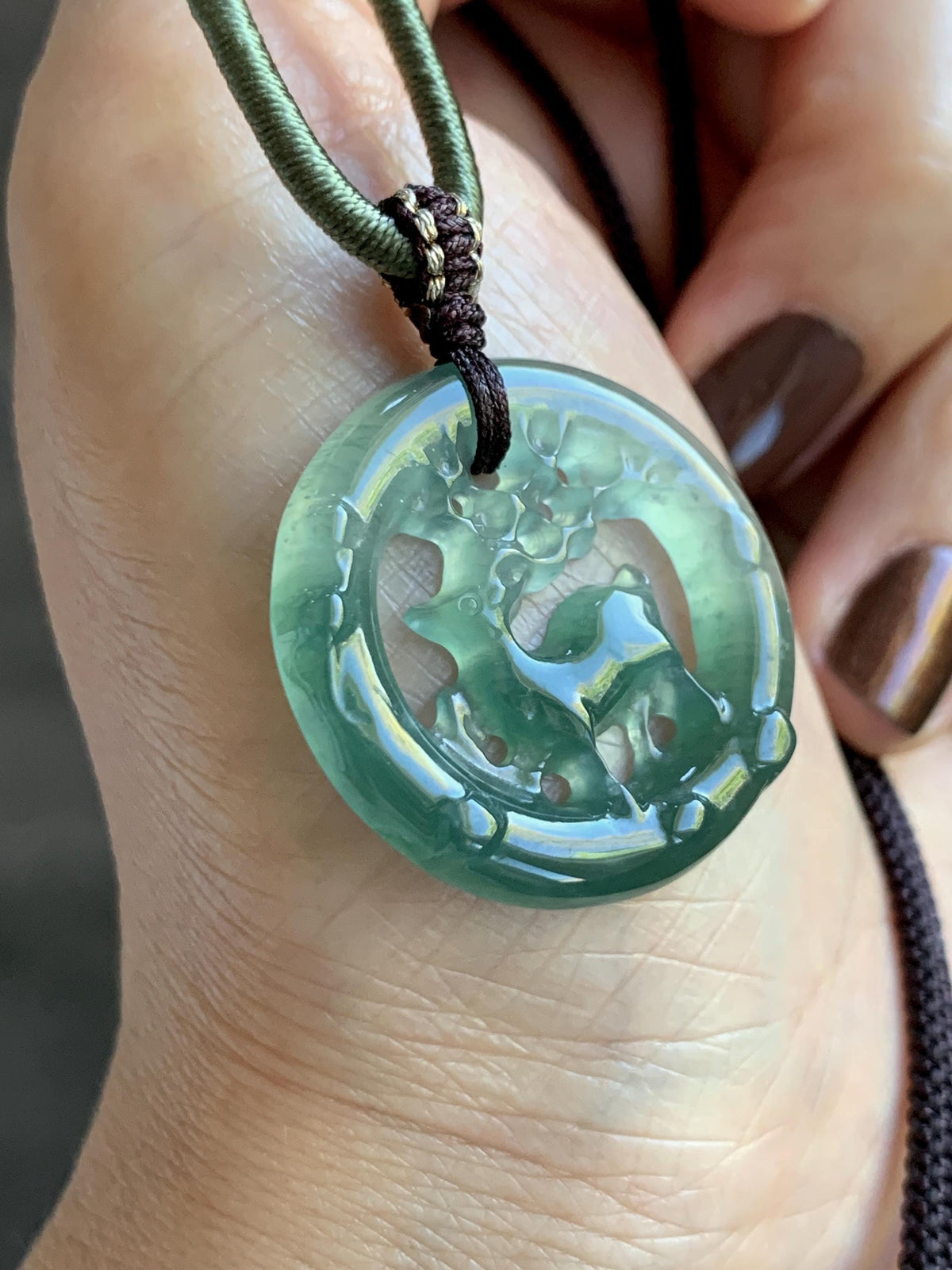 Natural Grade A Guatemalan Icy Translucent Teal Blue Jade Jadeite Deer Pendant Rope Necklace Adjustable 24” 6g 天然危深蓝水飘花翡翠梅花鹿吊坠 WMQ80