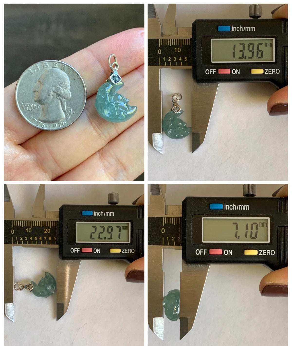 Natural Grade A Guatemalan Icy Translucent Light Teal Jade Jadeite Rabbit Crescent Moon Petite Pendant Sterling Silver 天然冰危蓝翡翠迷你月亮兔吊坠WLK180T
