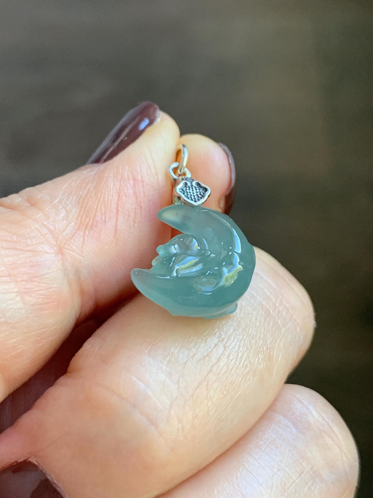 Natural Grade A Guatemalan Icy Translucent Light Teal Jade Jadeite Rabbit Crescent Moon Petite Pendant Sterling Silver 天然冰危蓝翡翠迷你月亮兔吊坠WLK180T