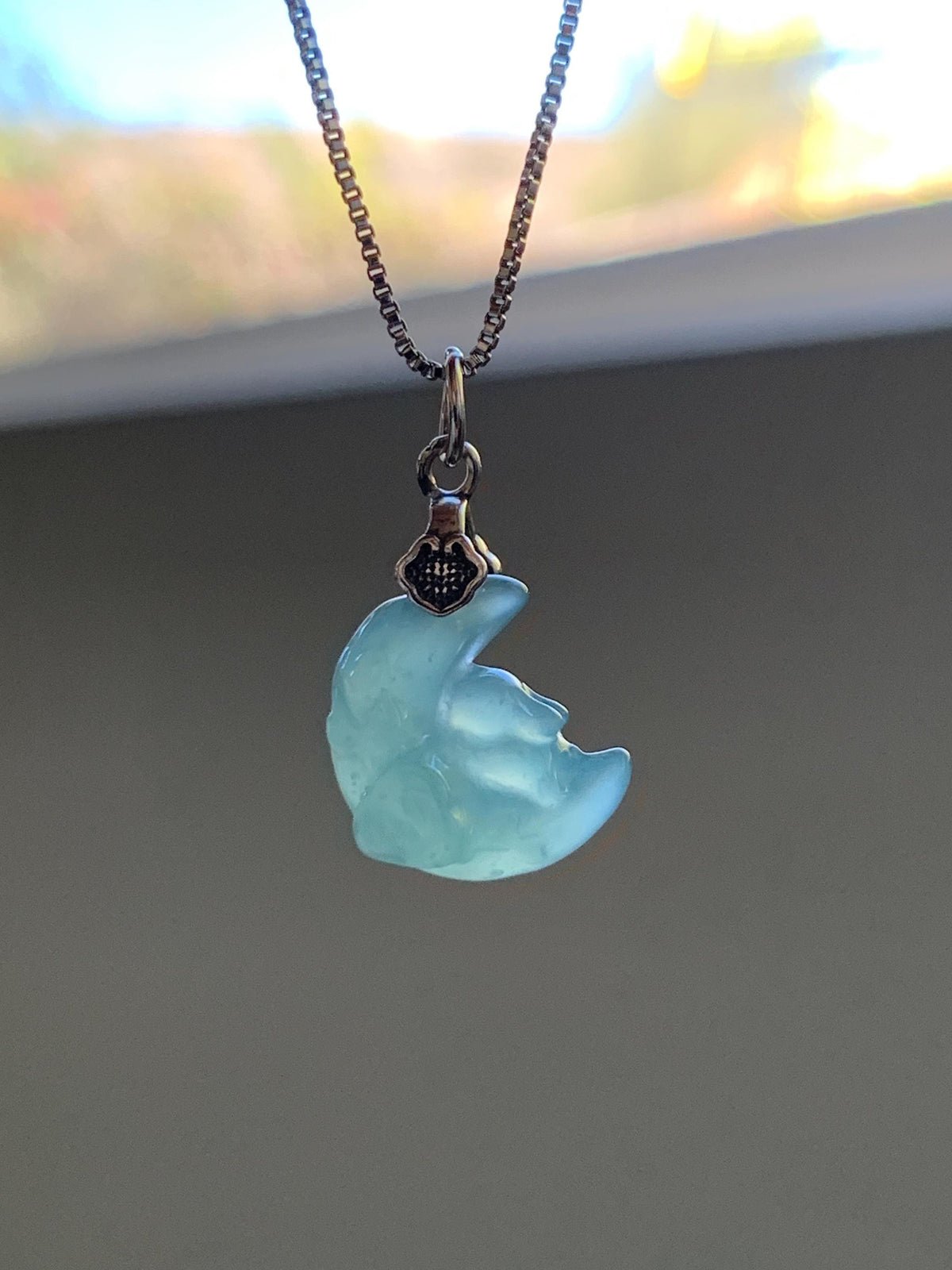 Natural Grade A Guatemalan Icy Translucent Light Teal Jade Jadeite Rabbit Crescent Moon Petite Pendant Sterling Silver 天然冰危蓝翡翠迷你月亮兔吊坠WLK180T