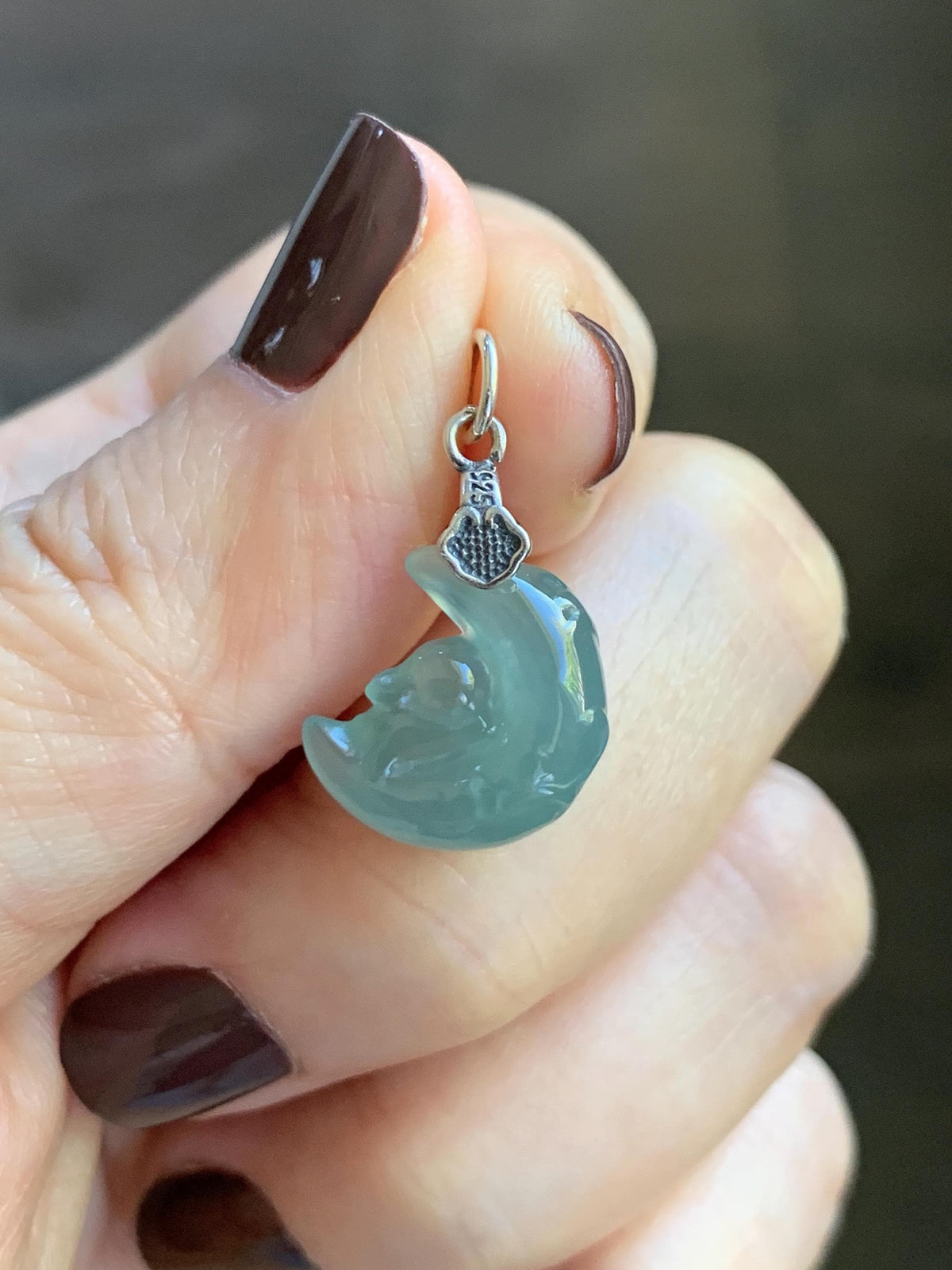 Natural Grade A Guatemalan Icy Translucent Light Teal Jade Jadeite Rabbit Crescent Moon Petite Pendant Sterling Silver 天然冰危蓝翡翠迷你月亮兔吊坠WLK180T