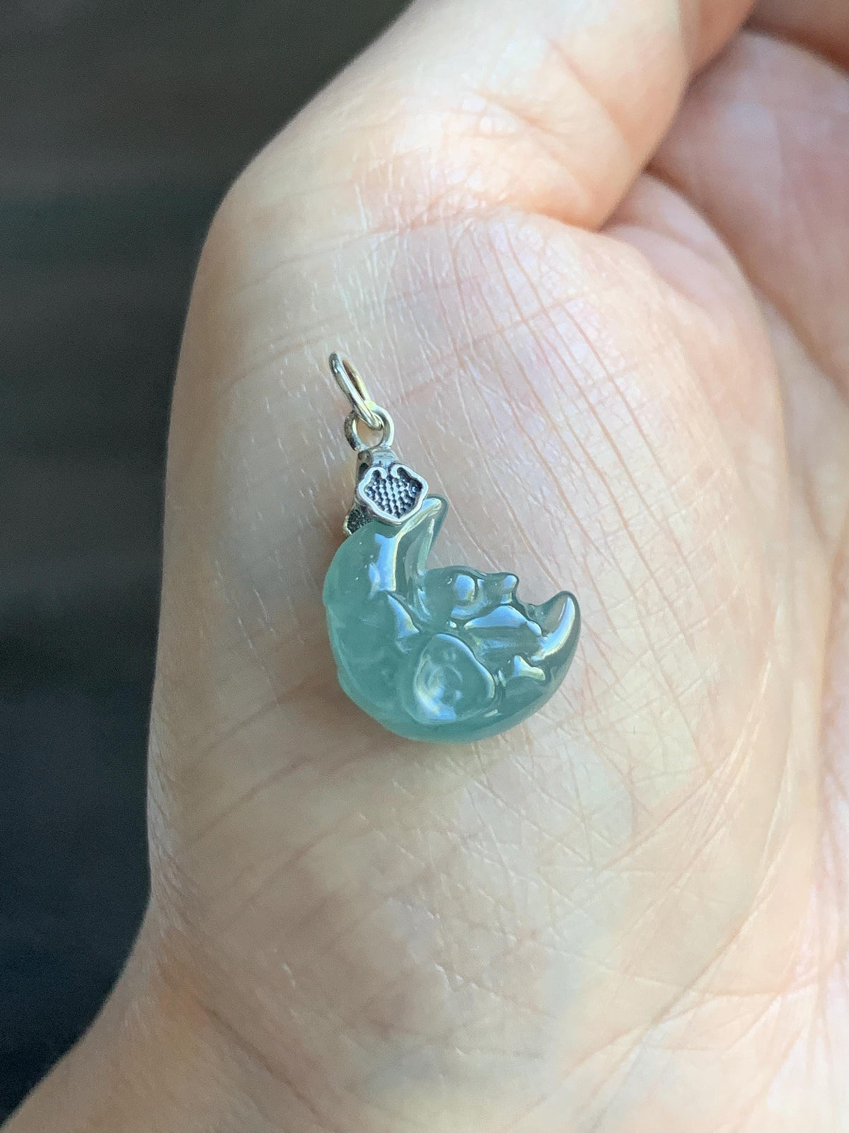 Natural Grade A Guatemalan Icy Translucent Light Teal Jade Jadeite Rabbit Crescent Moon Petite Pendant Sterling Silver 天然冰危蓝翡翠迷你月亮兔吊坠WLK180T