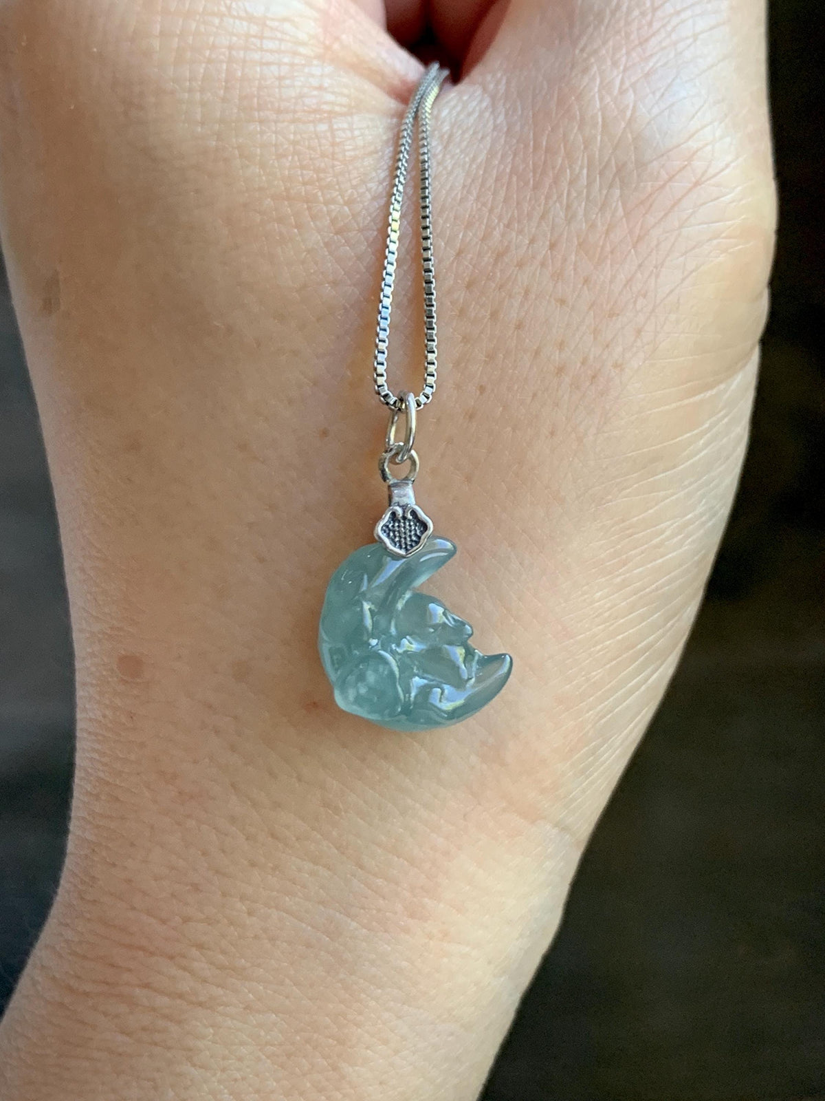 Natural Grade A Guatemalan Icy Translucent Light Teal Jade Jadeite Rabbit Crescent Moon Petite Pendant Sterling Silver 天然冰危蓝翡翠迷你月亮兔吊坠WLK180T