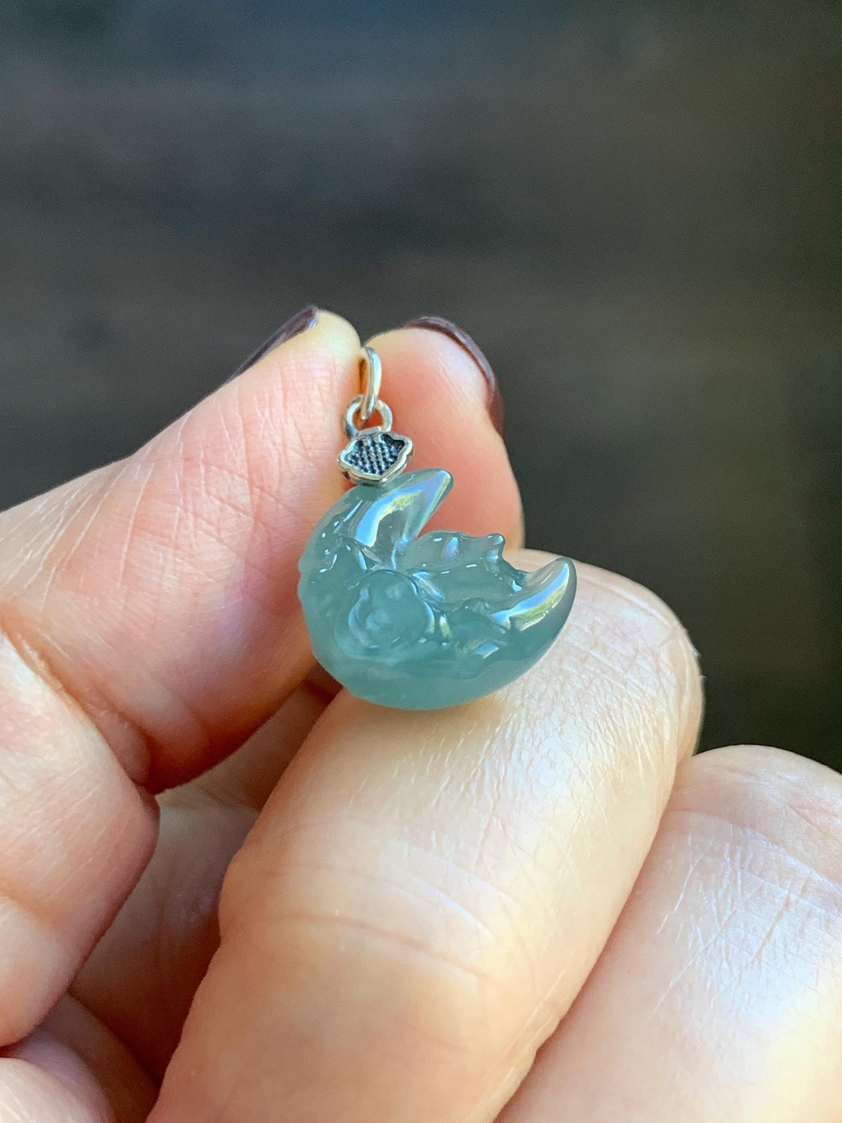 Natural Grade A Guatemalan Icy Translucent Light Teal Jade Jadeite Rabbit Crescent Moon Petite Pendant Sterling Silver 天然冰危蓝翡翠迷你月亮兔吊坠WLK180T