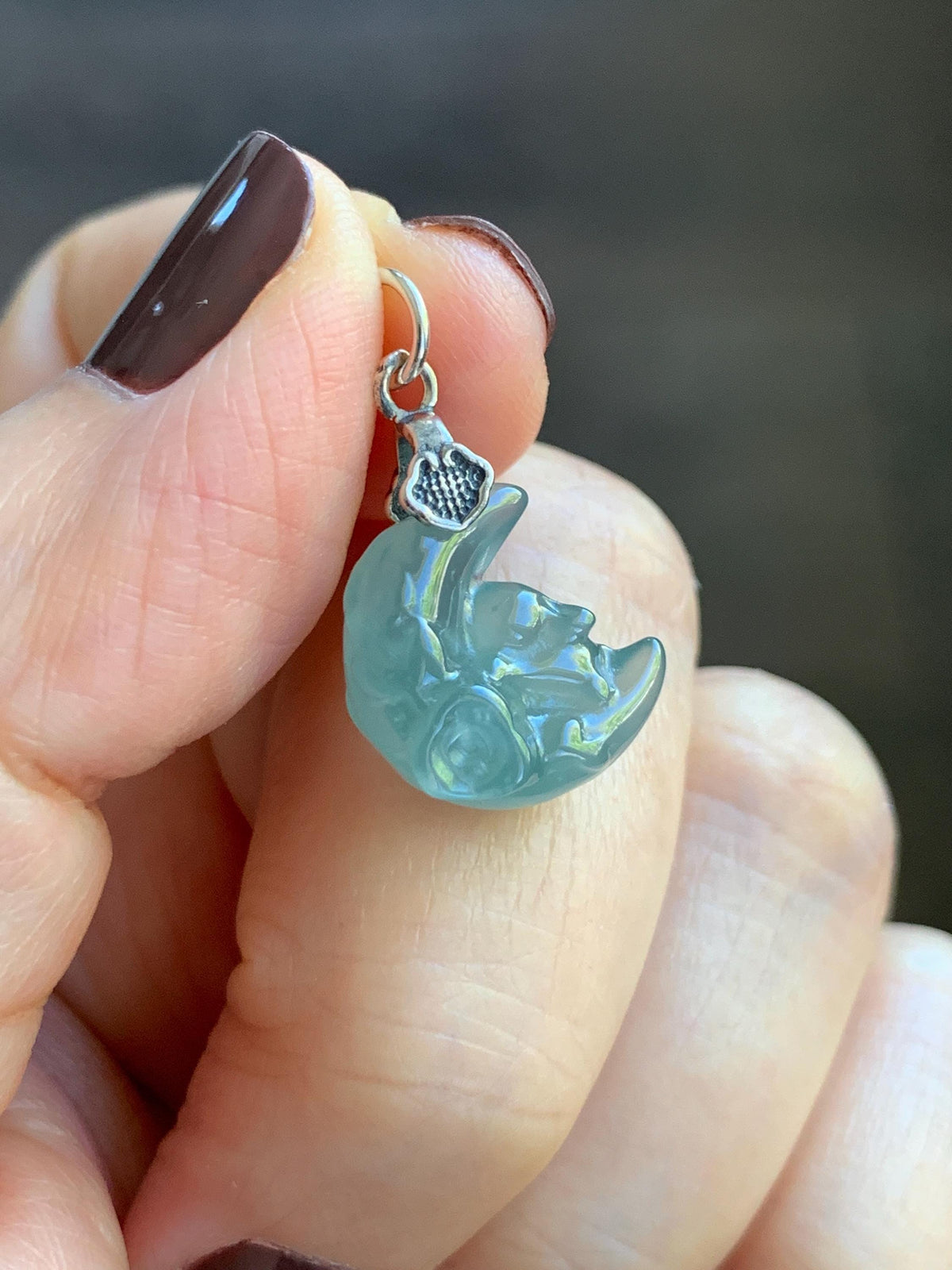 Natural Grade A Guatemalan Icy Translucent Light Teal Jade Jadeite Rabbit Crescent Moon Petite Pendant Sterling Silver 天然冰危蓝翡翠迷你月亮兔吊坠WLK180T