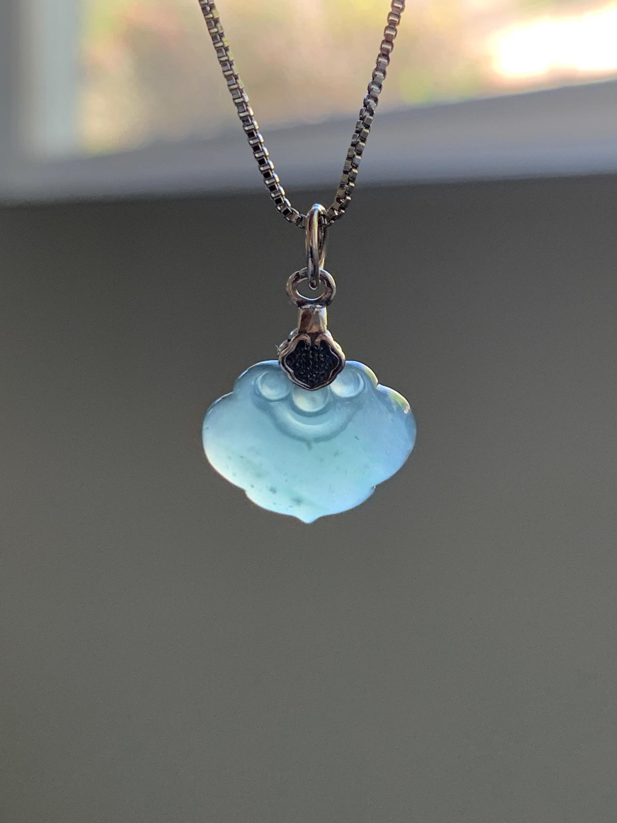 Petite Natural Grade A Guatemalan Icy Highly Translucent Teal Blue Jade Jadeite Ruyi Pendant Sterling Silver 天然冰胶老种危蓝翡翠如意吊坠 WLK180R