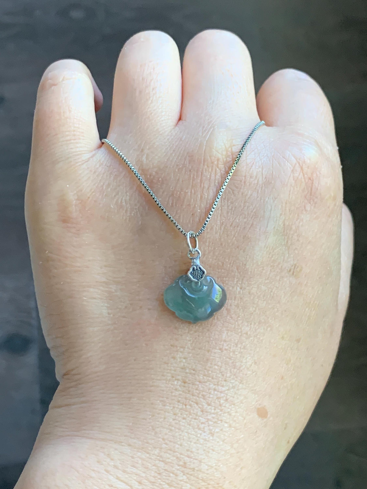 Petite Natural Grade A Guatemalan Icy Highly Translucent Teal Blue Jade Jadeite Ruyi Pendant Sterling Silver 天然冰胶老种危蓝翡翠如意吊坠 WLK180R