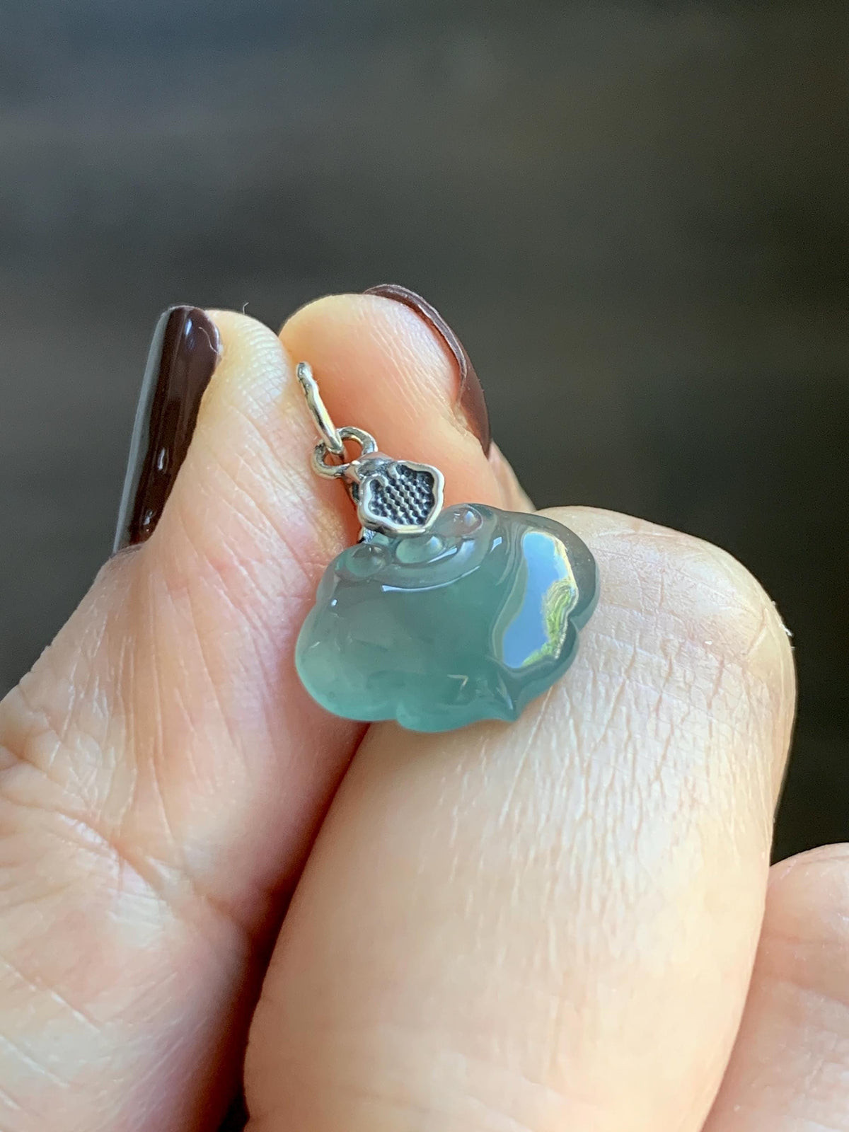 Petite Natural Grade A Guatemalan Icy Highly Translucent Teal Blue Jade Jadeite Ruyi Pendant Sterling Silver 天然冰胶老种危蓝翡翠如意吊坠 WLK180R