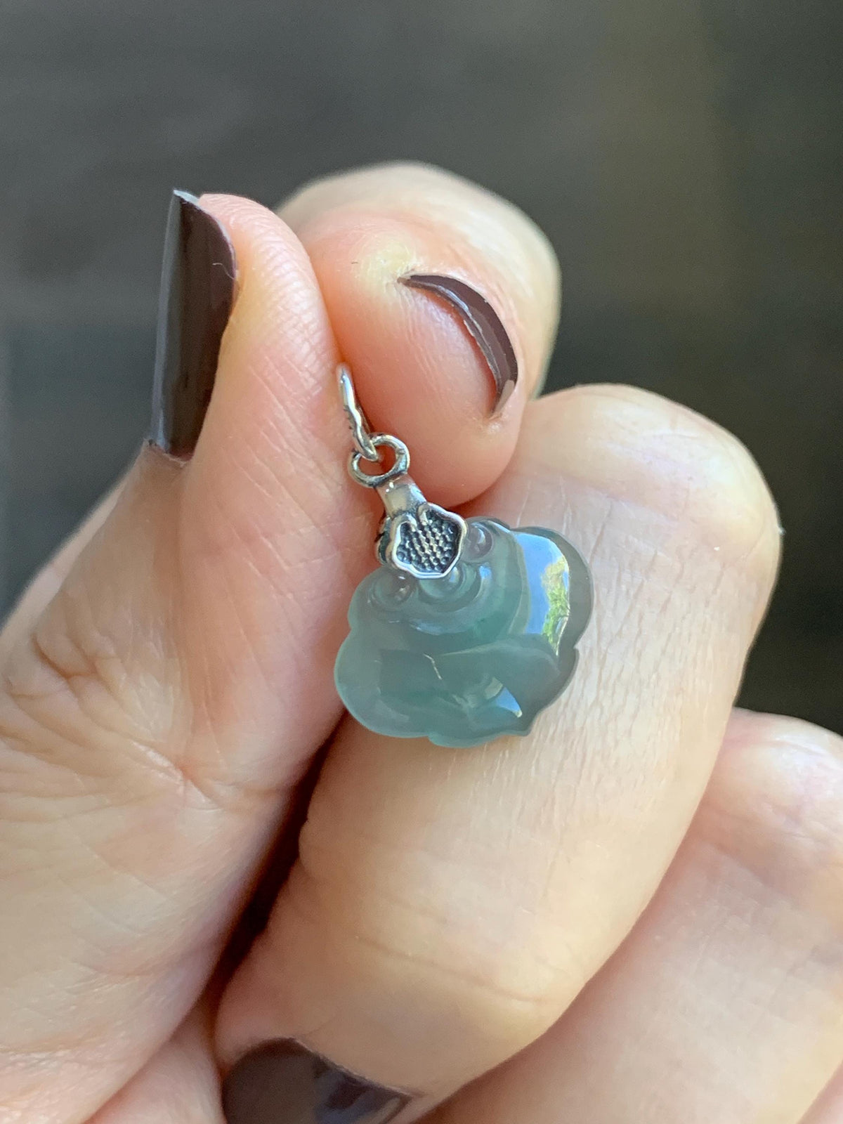 Petite Natural Grade A Guatemalan Icy Highly Translucent Teal Blue Jade Jadeite Ruyi Pendant Sterling Silver 天然冰胶老种危蓝翡翠如意吊坠 WLK180R
