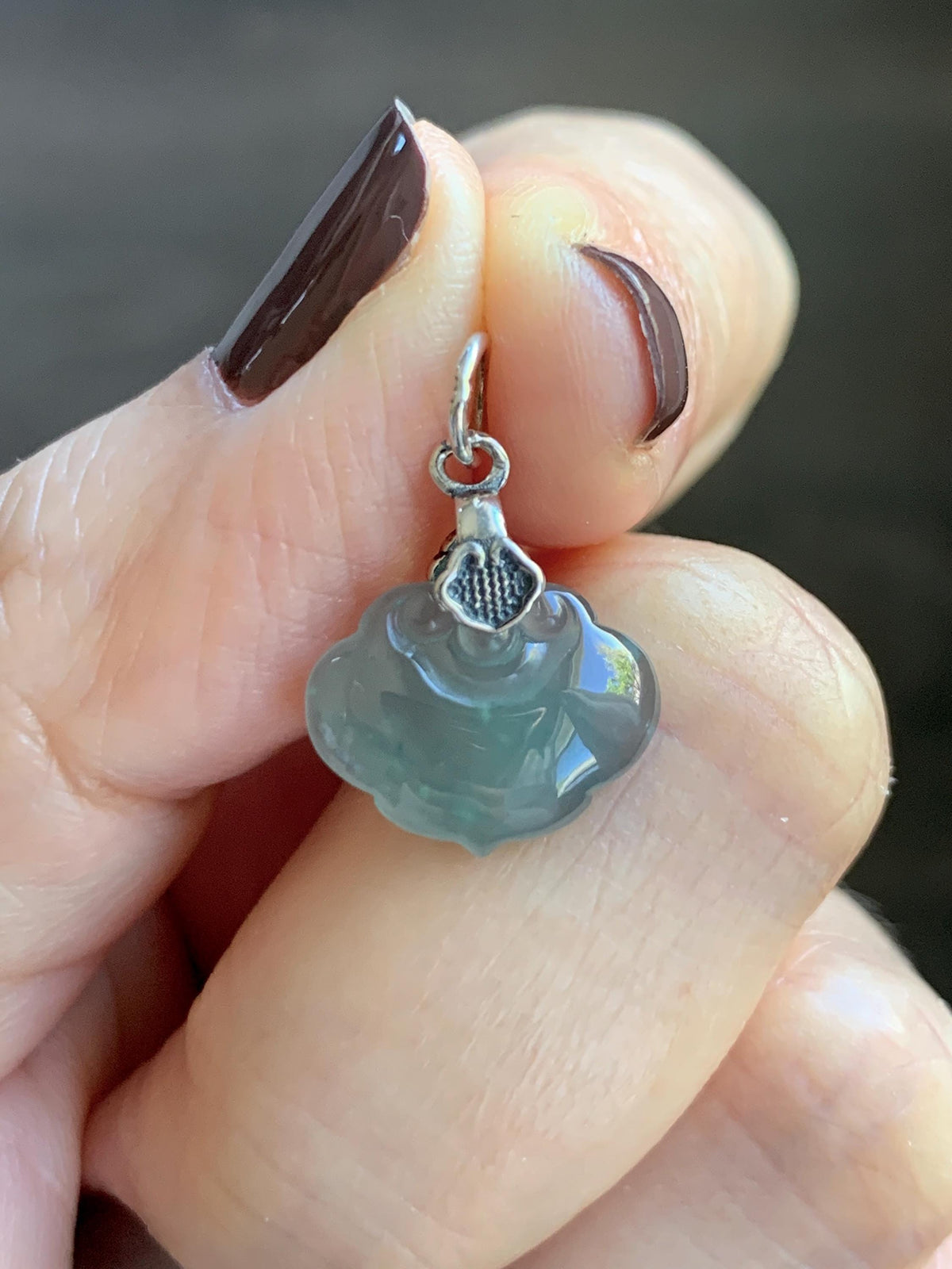 Petite Natural Grade A Guatemalan Icy Highly Translucent Teal Blue Jade Jadeite Ruyi Pendant Sterling Silver 天然冰胶老种危蓝翡翠如意吊坠 WLK180R