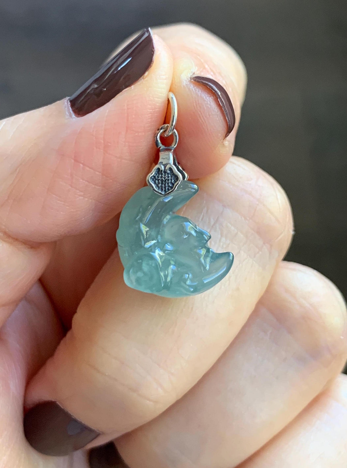 Natural Grade A Guatemalan Icy Translucent Light Teal Jade Jadeite Rabbit Crescent Moon Petite Pendant Sterling Silver 天然冰危蓝翡翠迷你月亮兔吊坠WLK180T