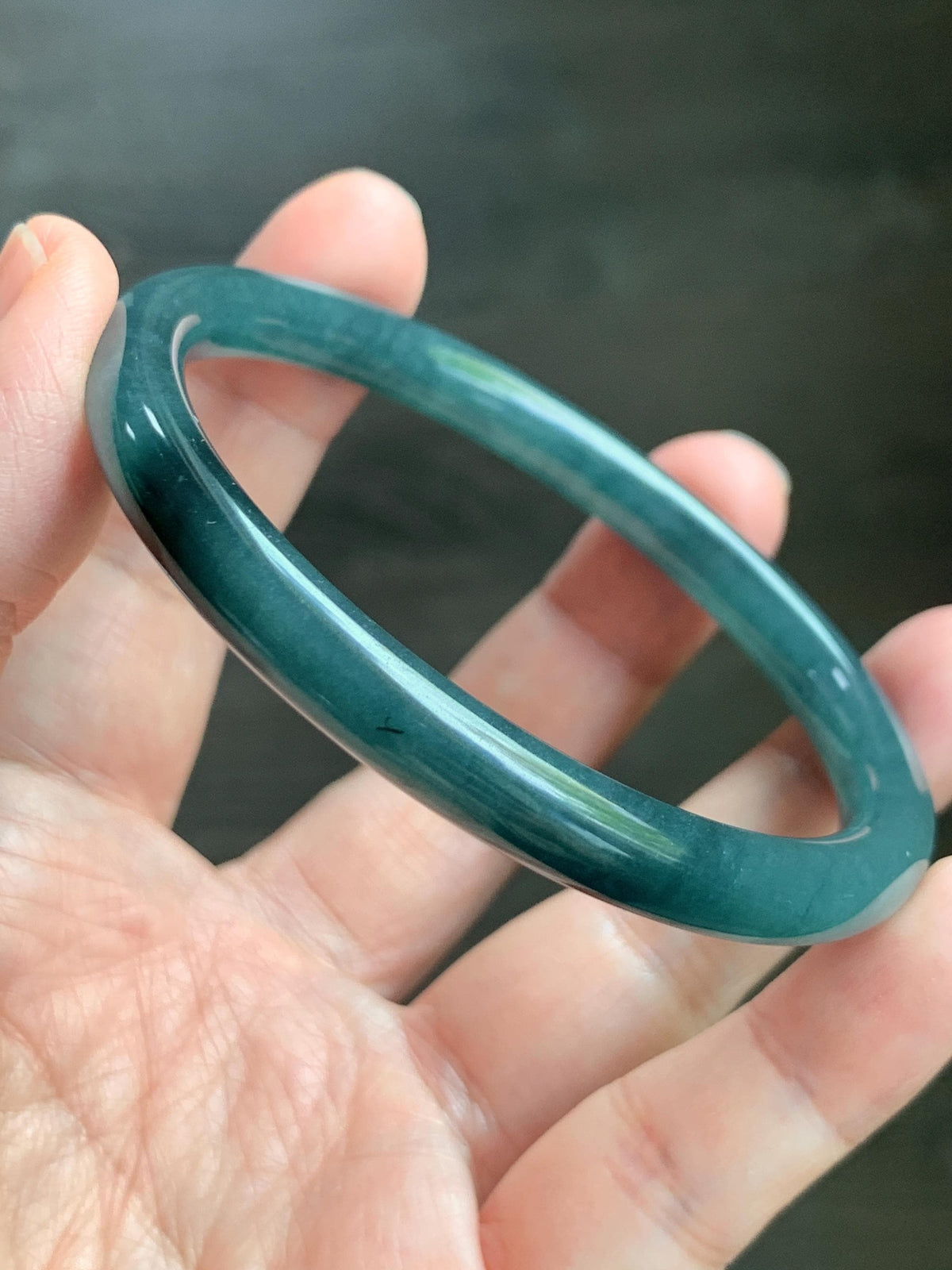 Certified Natural Grade A Guatemalan Icy Translucent Dark Teal Blue Jade Jadeite Bangle Bracelet 61mm 7.53” 29.8g 天然冰危深蓝绿翡翠圆条手镯 1207