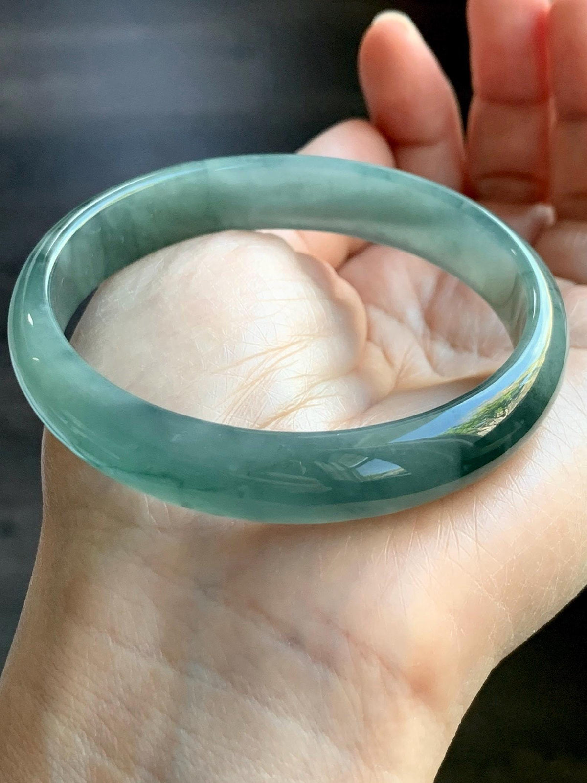 Certified Natural Grade A Guatemalan Icy Highly Translucent Dusty Teal Green Jade Jadeite Wide Bangle 58.75mm 7.26” 38g 天然冰危灰蓝绿翡翠正圈宽版手镯 1224