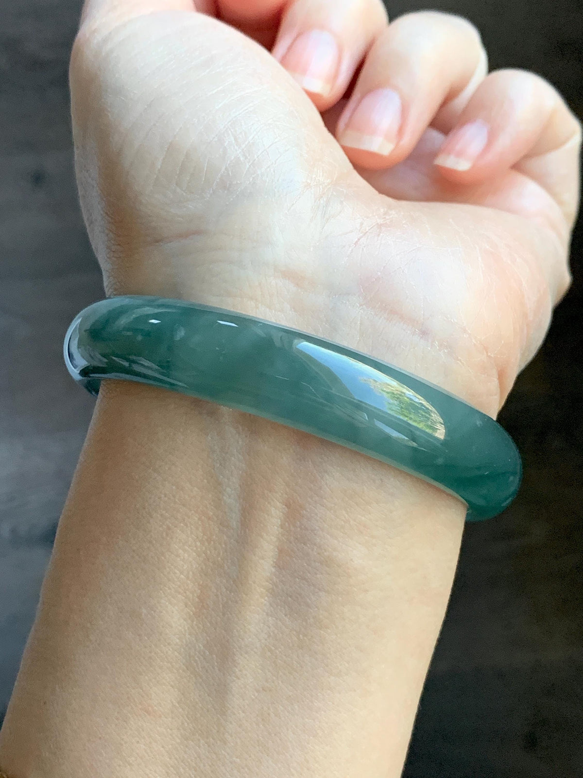 Certified Natural Grade A Guatemalan Icy Highly Translucent Dusty Teal Green Jade Jadeite Wide Bangle 58.75mm 7.26” 38g 天然冰危灰蓝绿翡翠正圈宽版手镯 1224