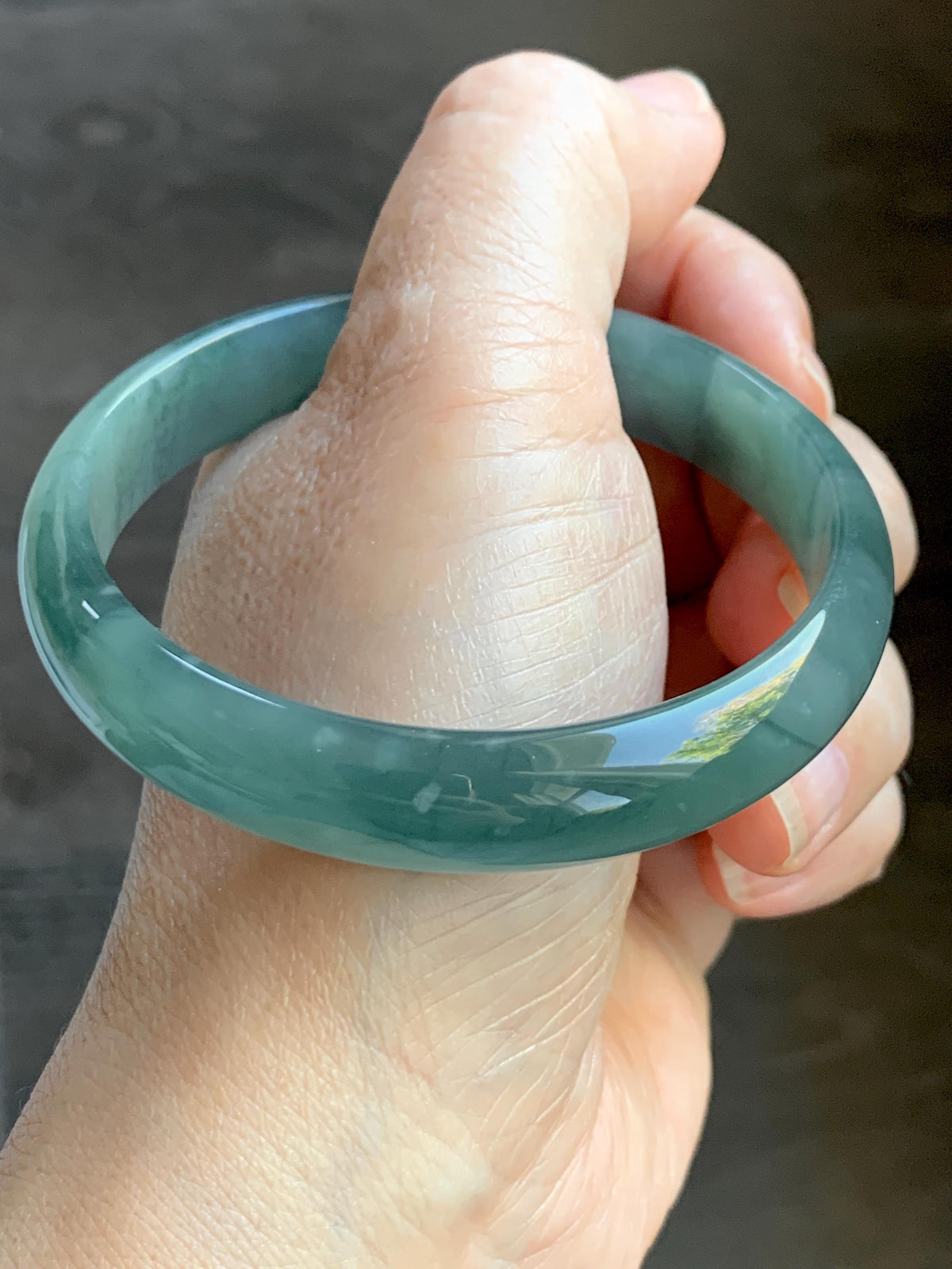 Certified Natural Grade A Guatemalan Icy Highly Translucent Dusty Teal Green Jade Jadeite Wide Bangle 58.75mm 7.26” 38g 天然冰危灰蓝绿翡翠正圈宽版手镯 1224