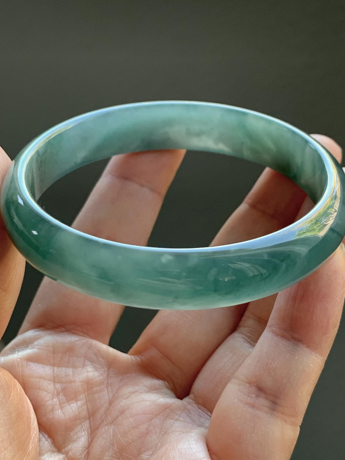 Certified Natural Grade A Guatemalan Icy Highly Translucent Dusty Teal Green Jade Jadeite Wide Bangle 58.75mm 7.26” 38g 天然冰危灰蓝绿翡翠正圈宽版手镯 1224