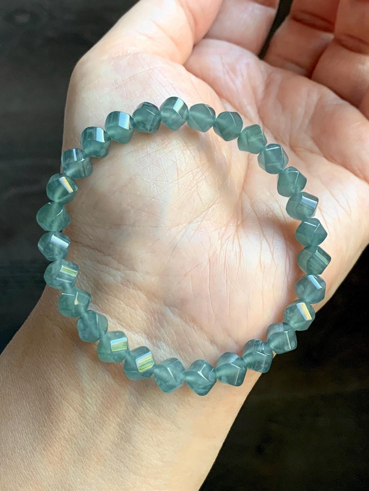 Certified Natural Grade A Guatemalan Icy Translucent Dusty Teal Blue Jade Jadeite Faceted Beads Beaded Bracelet 7.25” 15g 天然冰危深蓝绿翡翠切割珠手串1184