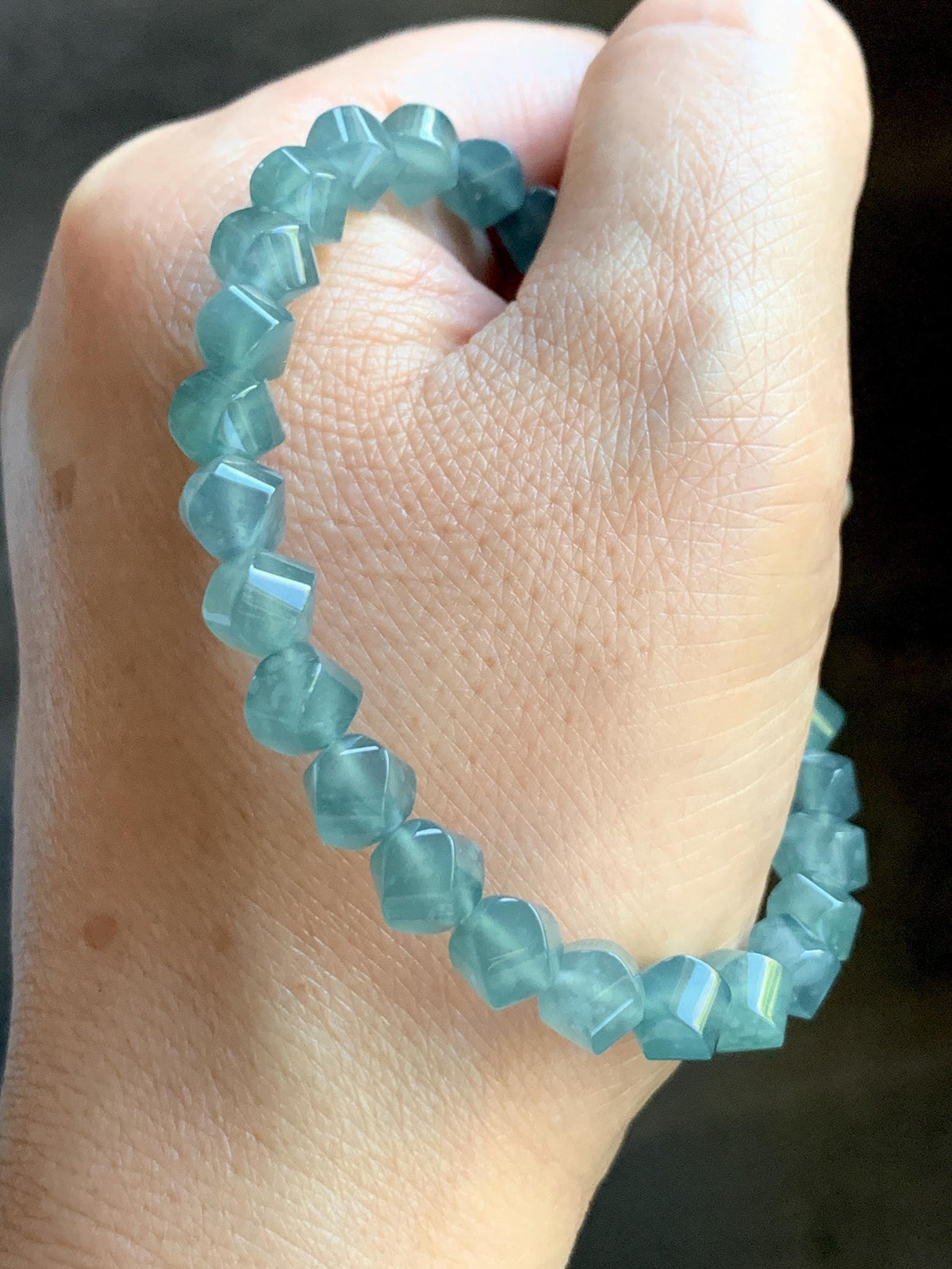 Certified Natural Grade A Guatemalan Icy Translucent Dusty Teal Blue Jade Jadeite Faceted Beads Beaded Bracelet 7.25” 15g 天然冰危深蓝绿翡翠切割珠手串1184