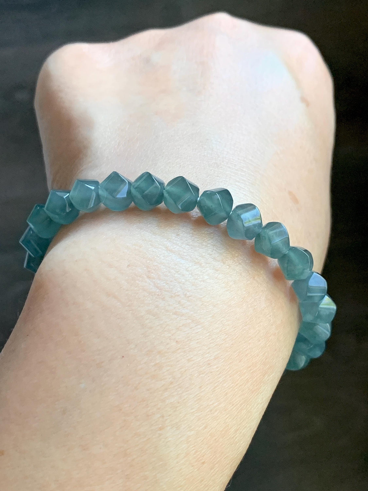 Certified Natural Grade A Guatemalan Icy Translucent Dusty Teal Blue Jade Jadeite Faceted Beads Beaded Bracelet 7.25” 15g 天然冰危深蓝绿翡翠切割珠手串1184