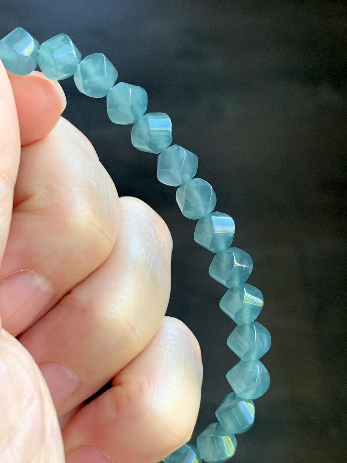 Certified Natural Grade A Guatemalan Icy Translucent Dusty Teal Blue Jade Jadeite Faceted Beads Beaded Bracelet 7.25” 15g 天然冰危深蓝绿翡翠切割珠手串1184